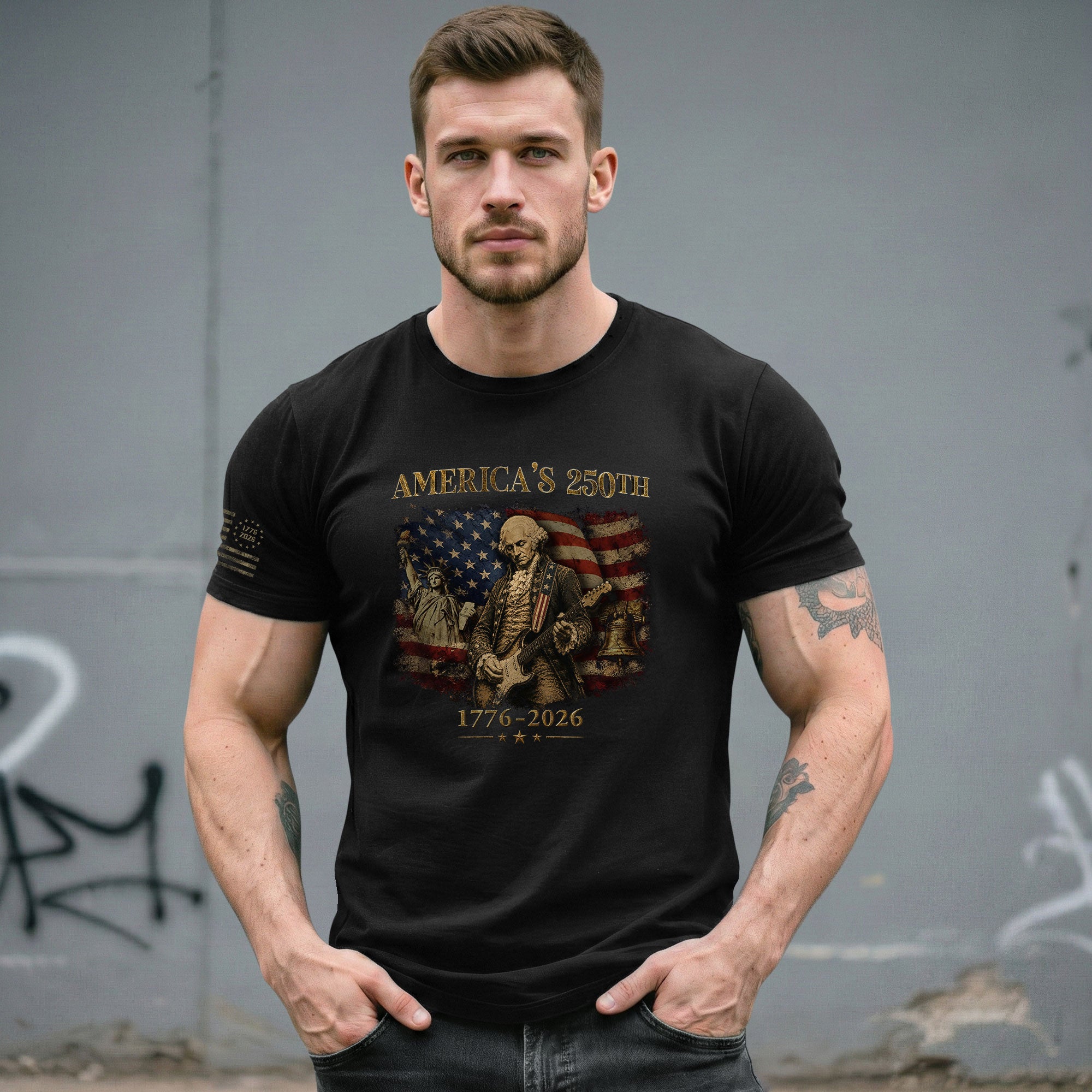 America's 250th George Washington Guitar Patriotic Flag 1776-2026 Independence Shirt - Rust Field Wear
