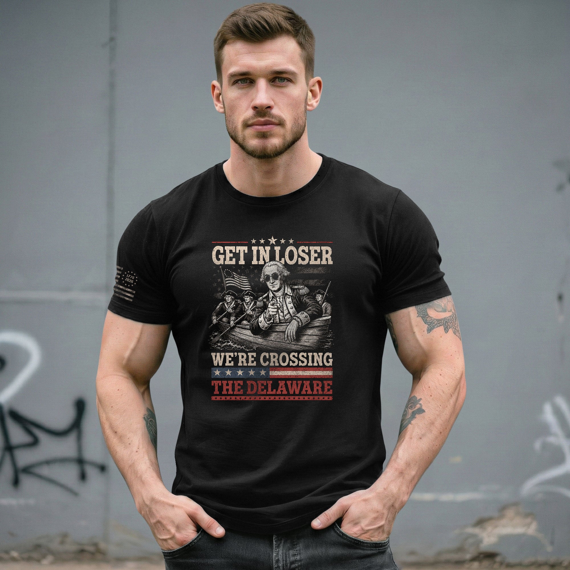 Washington Delaware Crossing Graphic Tee - Vintage Patriotic Funny Style Cotton Shirt - Rust Field Wear