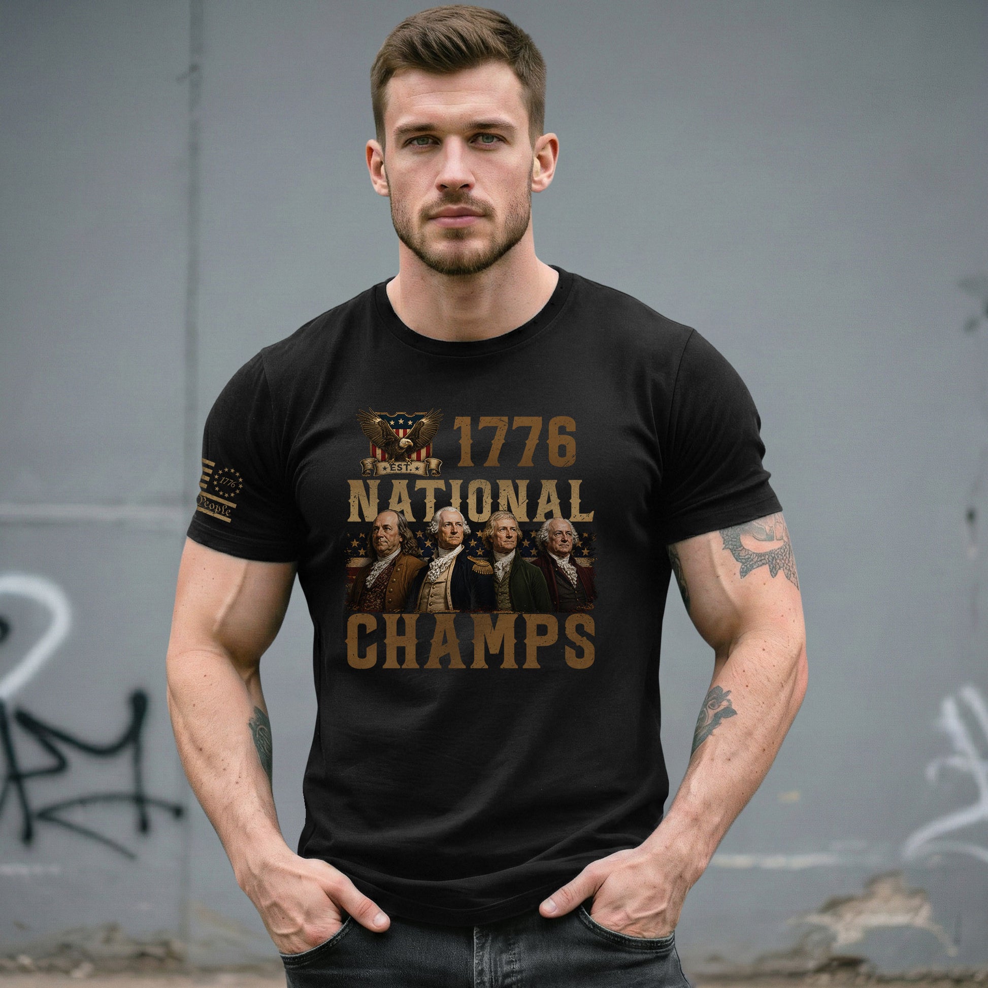 1776 National Champs Patriotic Graphic Tee Founding Fathers Vintage Style Short Sleeve T-Shirt - Rust Field Wear