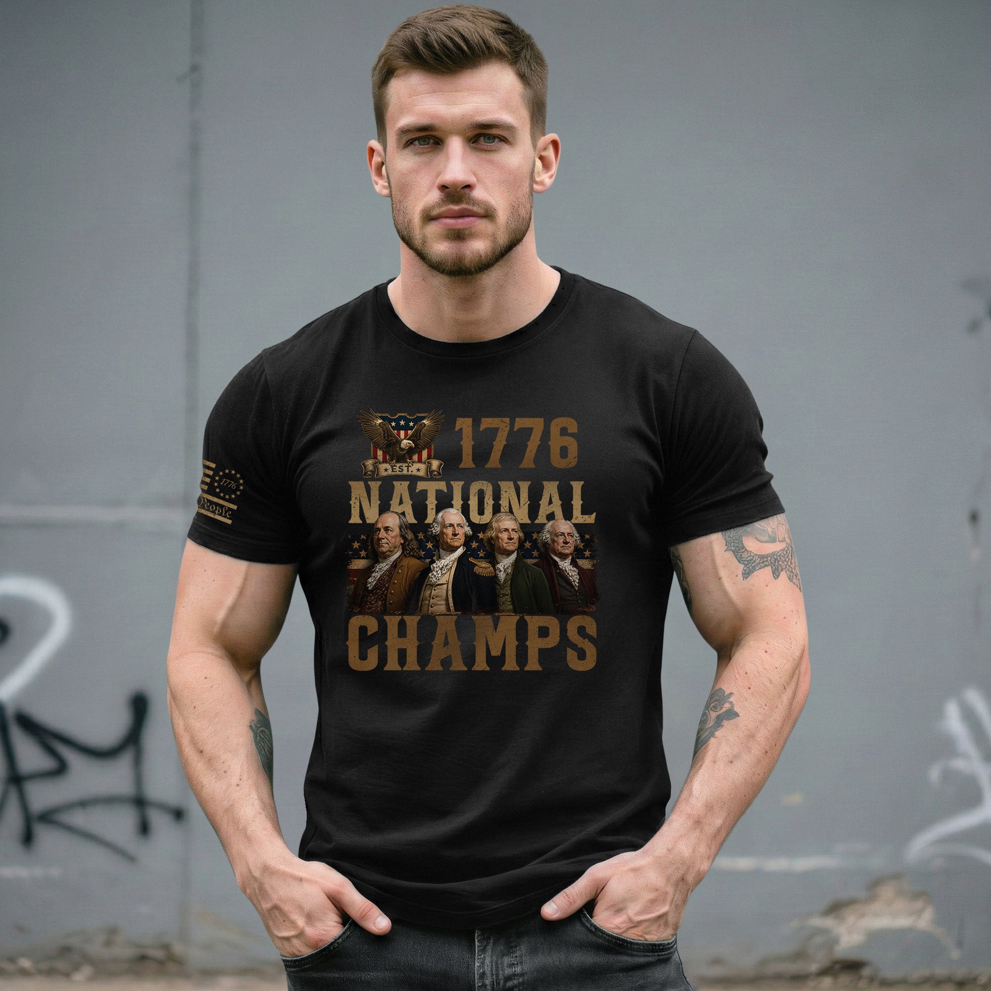 1776 National Champs Patriotic Graphic Tee Founding Fathers Vintage Style Short Sleeve T-Shirt - Rust Field Wear