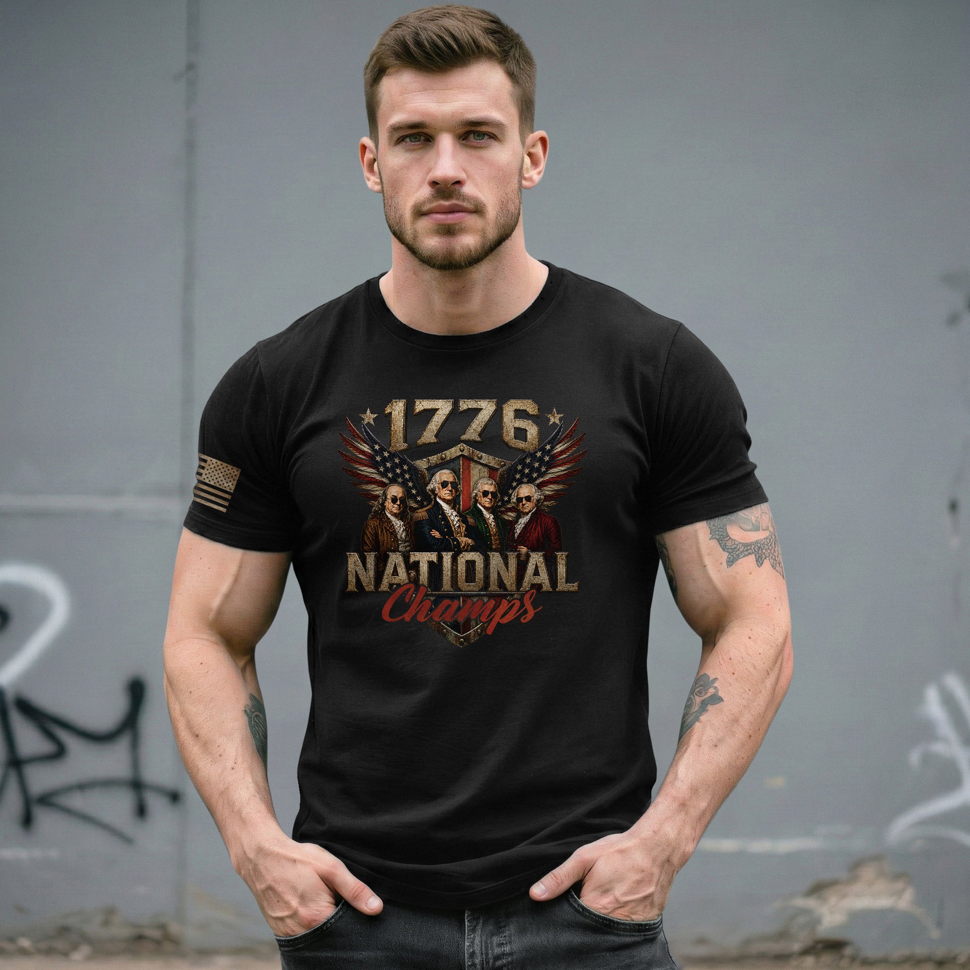 1776 National Champs Founding Fathers Wings Tee Patriotic Graphic Vintage Style Apparel - Rust Field Wear