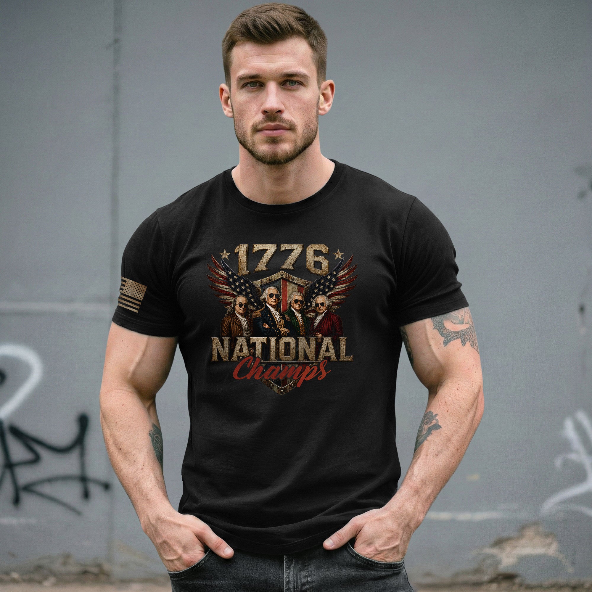 1776 National Champs Founding Fathers Wings Tee Patriotic Graphic Vintage Style Apparel - Rust Field Wear
