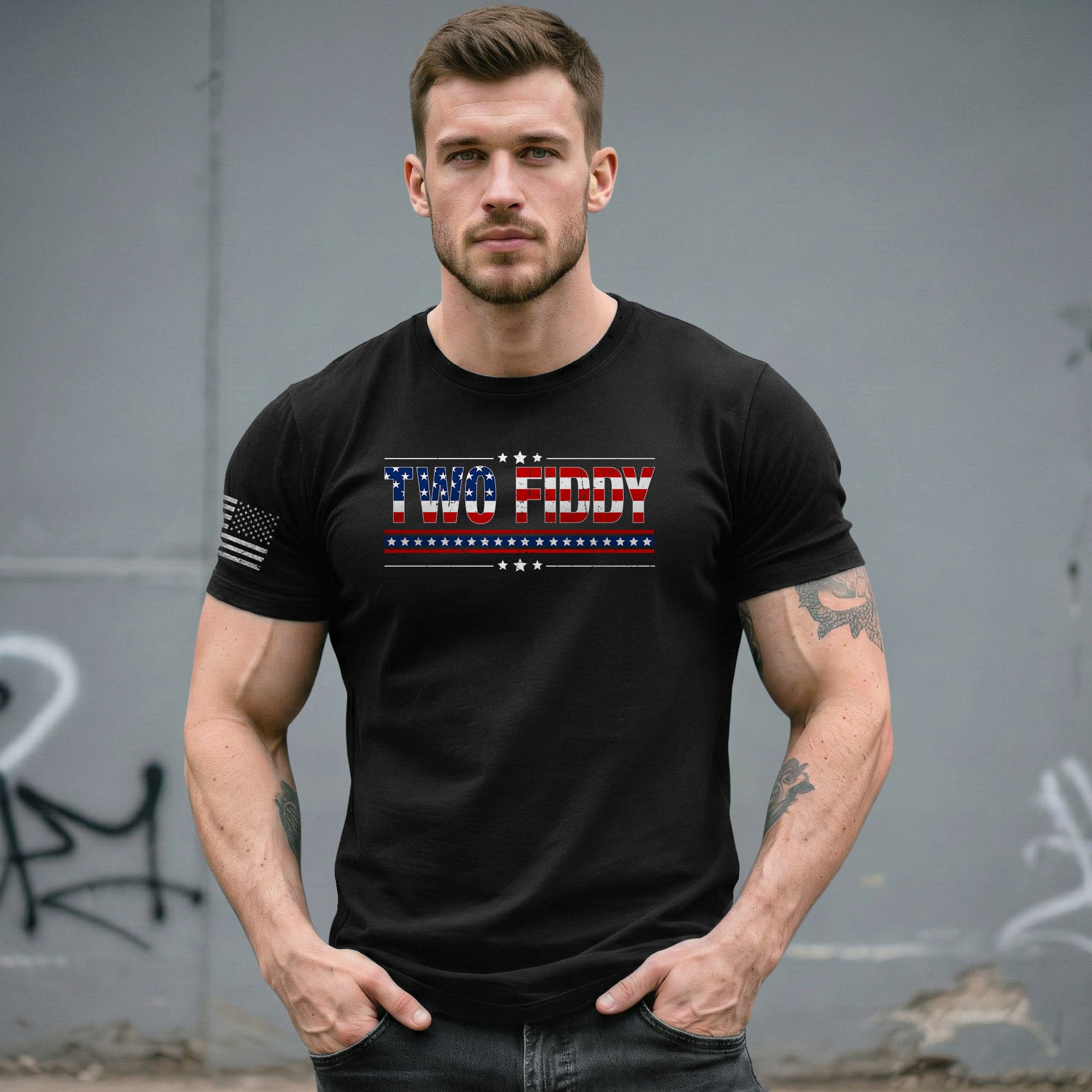 Two Fiddy Graphic T-Shirt Patriotic American Flag Design Casual Tee for Men and Women - Rust Field Wear