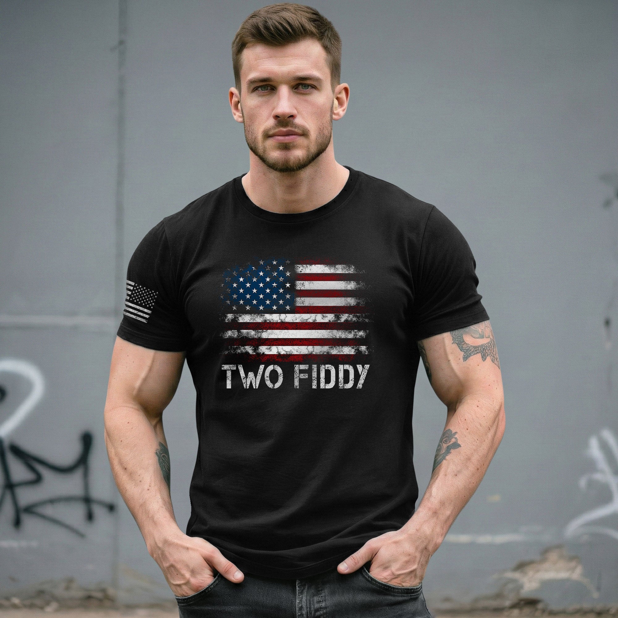 Two Fiddy Distressed Flag Graphic Tee Unisex Soft Cotton Patriotic Short Sleeve T-Shirt - Rust Field Wear