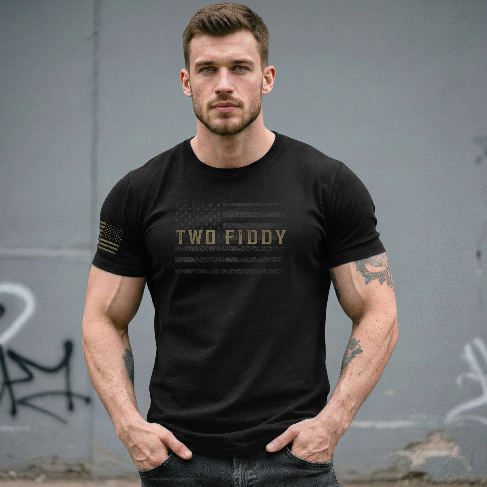 Two Fiddy Graphic T-Shirt Vintage Style Flag Design Casual Apparel Short Sleeve Tee - Rust Field Wear