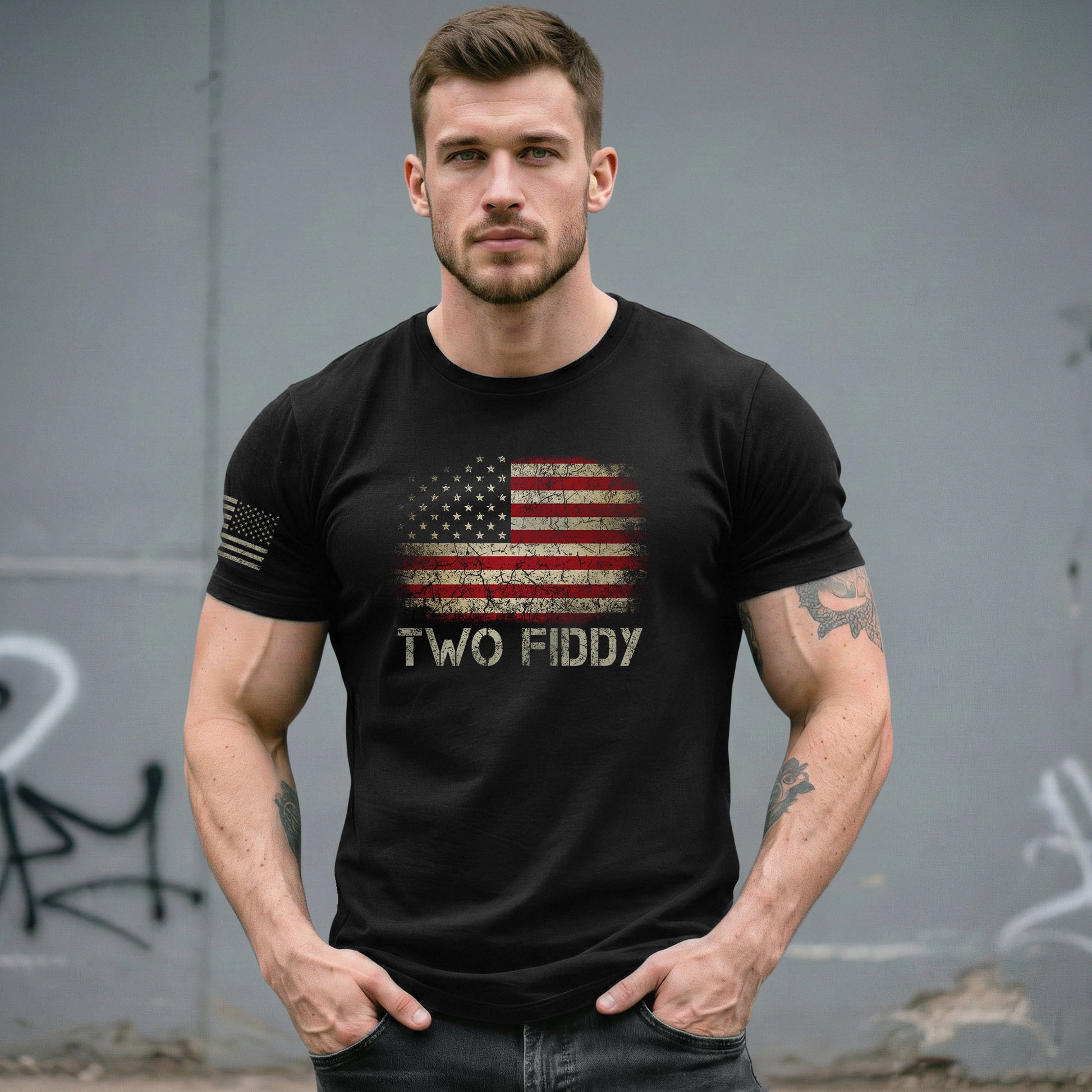 Two Fiddy Graphic T-Shirt Distressed American Flag Print Casual Cotton Short Sleeve Tee - Rust Field Wear