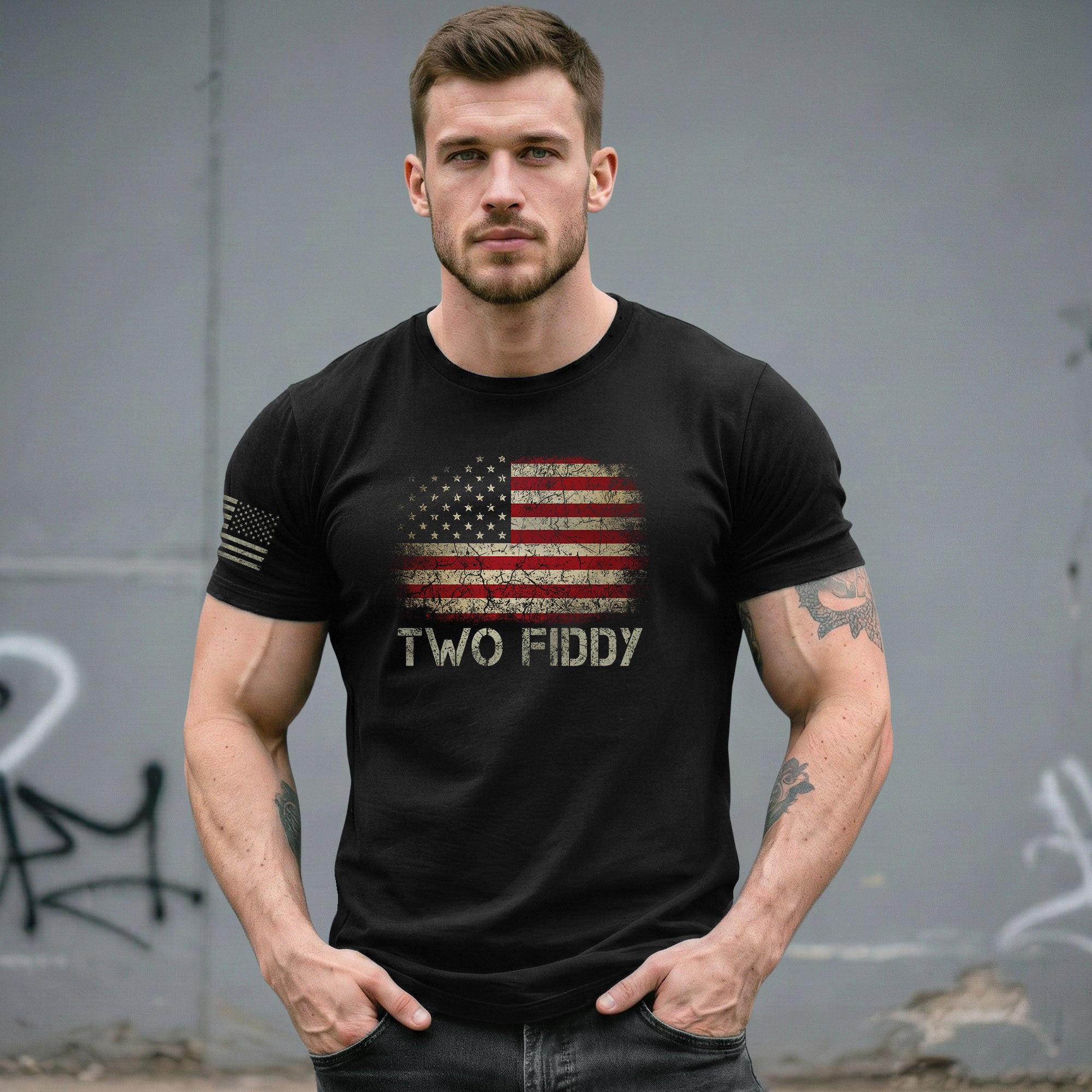 Two Fiddy Graphic T-Shirt Distressed American Flag Print Casual Cotton Short Sleeve Tee - Rust Field Wear