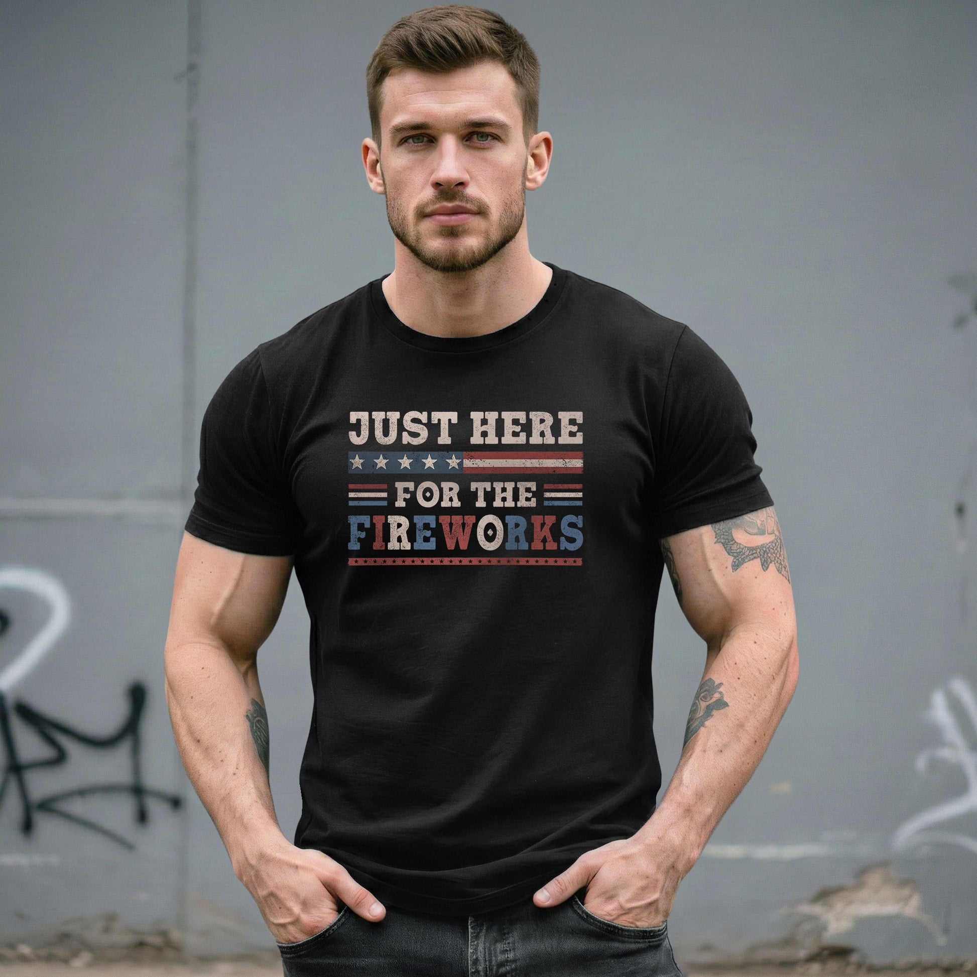 Just Here For The Fireworks Shirt Patriotic Vintage 4th of July Graphic Tee Gift - Rust Field Wear