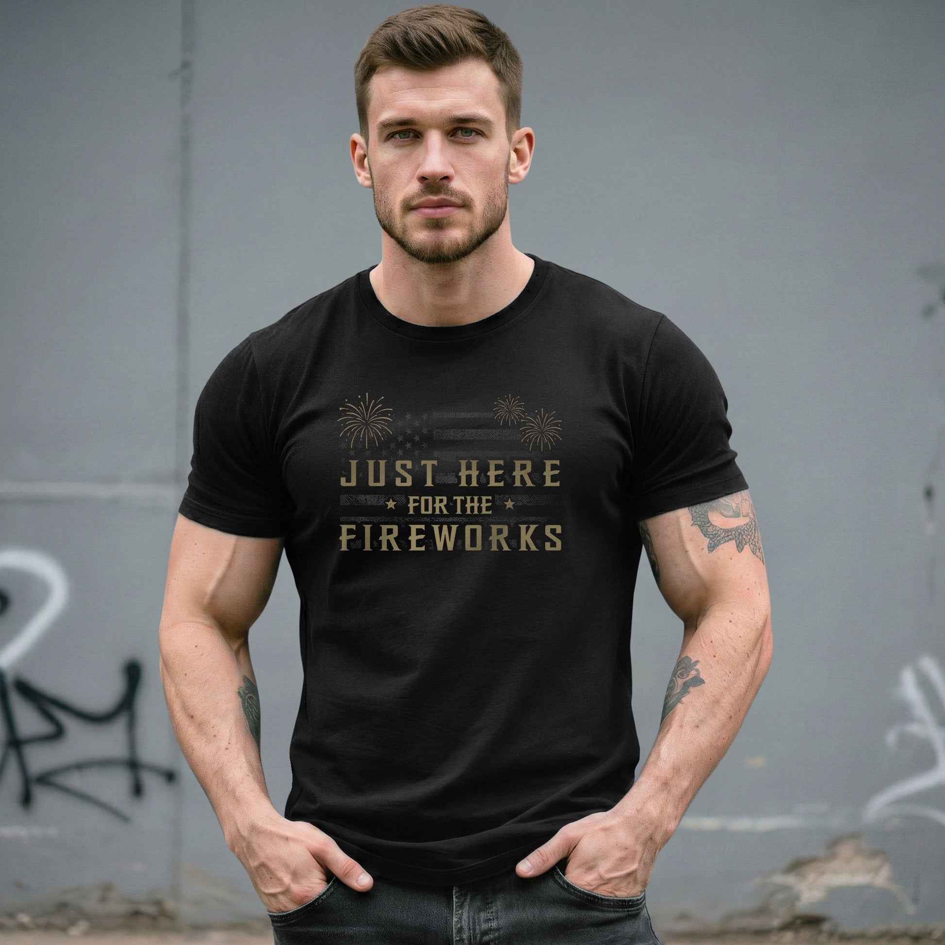 Just Here for The Fireworks Shirt Patriotic 4th of July USA American Flag Tee Men - Rust Field Wear