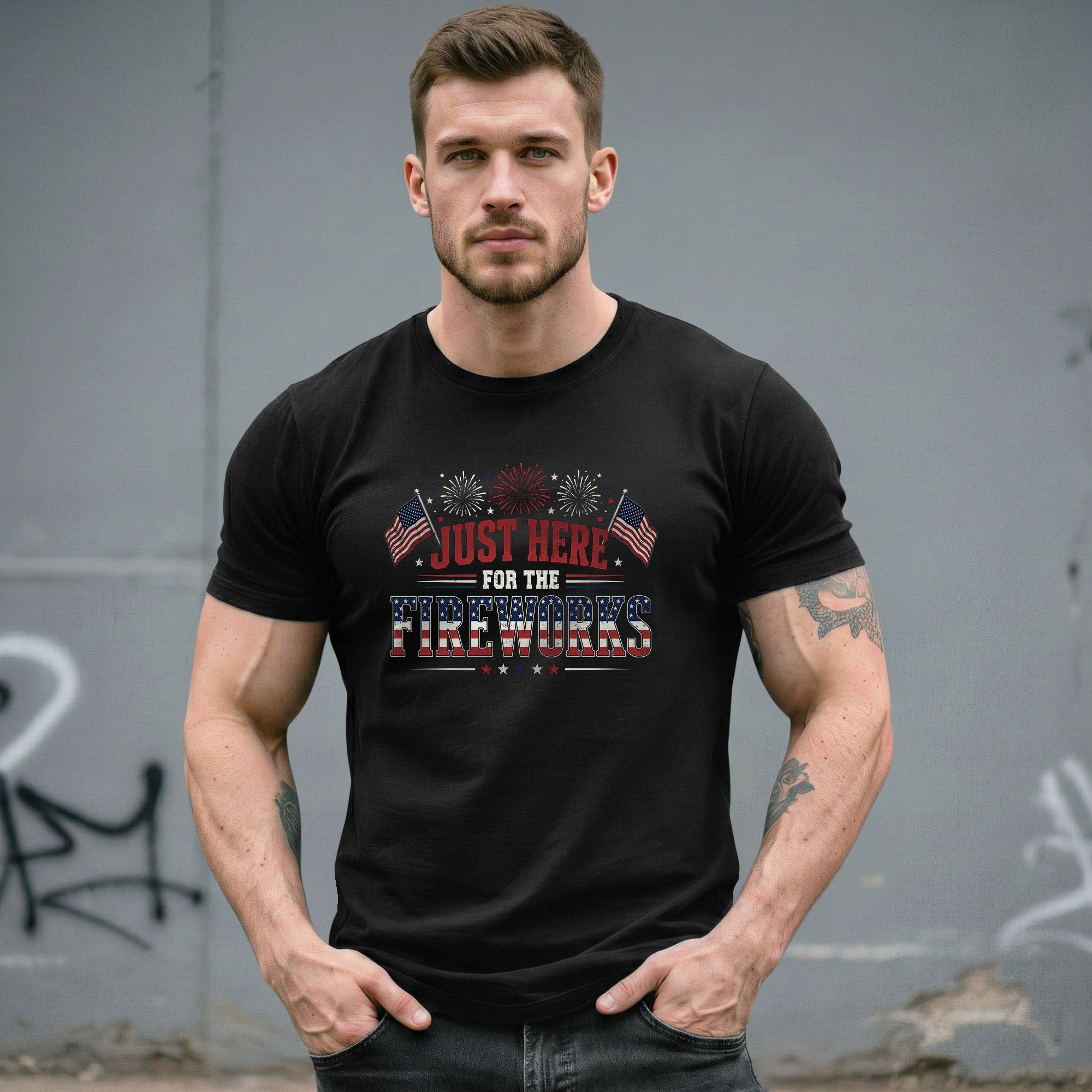 Just Here for The Fireworks Shirt 4th of July Patriotic American Flag Tee Men Women - Rust Field Wear