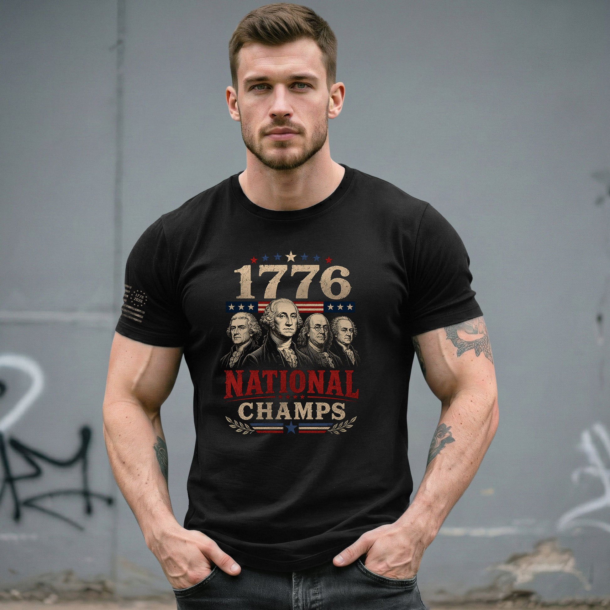 Founding Fathers Graphic Apparel - 1776 National Champs Patriotic Navy T-Shirt - Rust Field Wear
