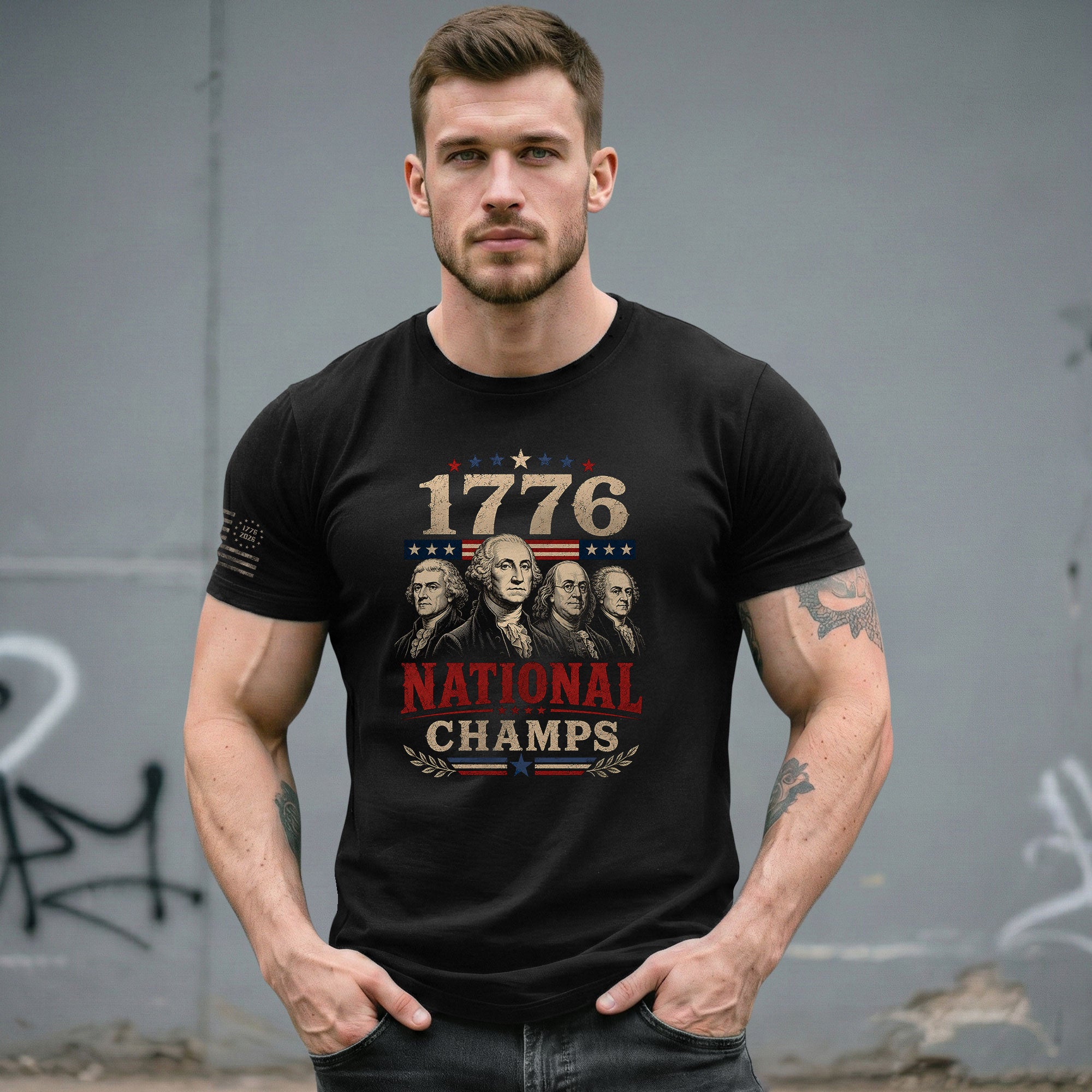 Founding Fathers Graphic Apparel - 1776 National Champs Patriotic Navy T-Shirt - Rust Field Wear