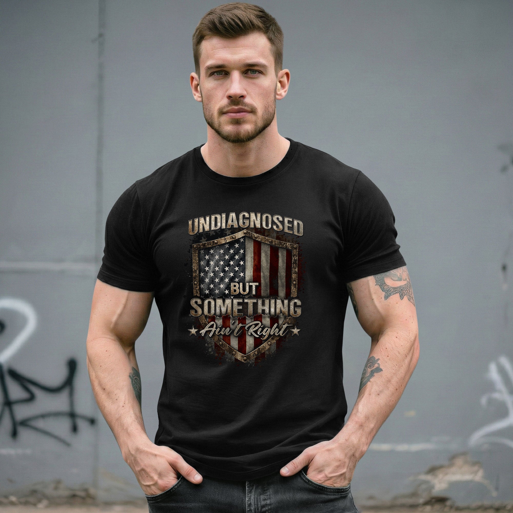 Undiagnosed But Something Ain't Right T-Shirt Vintage Flag Shield Funny Graphic Tee - Rust Field Wear