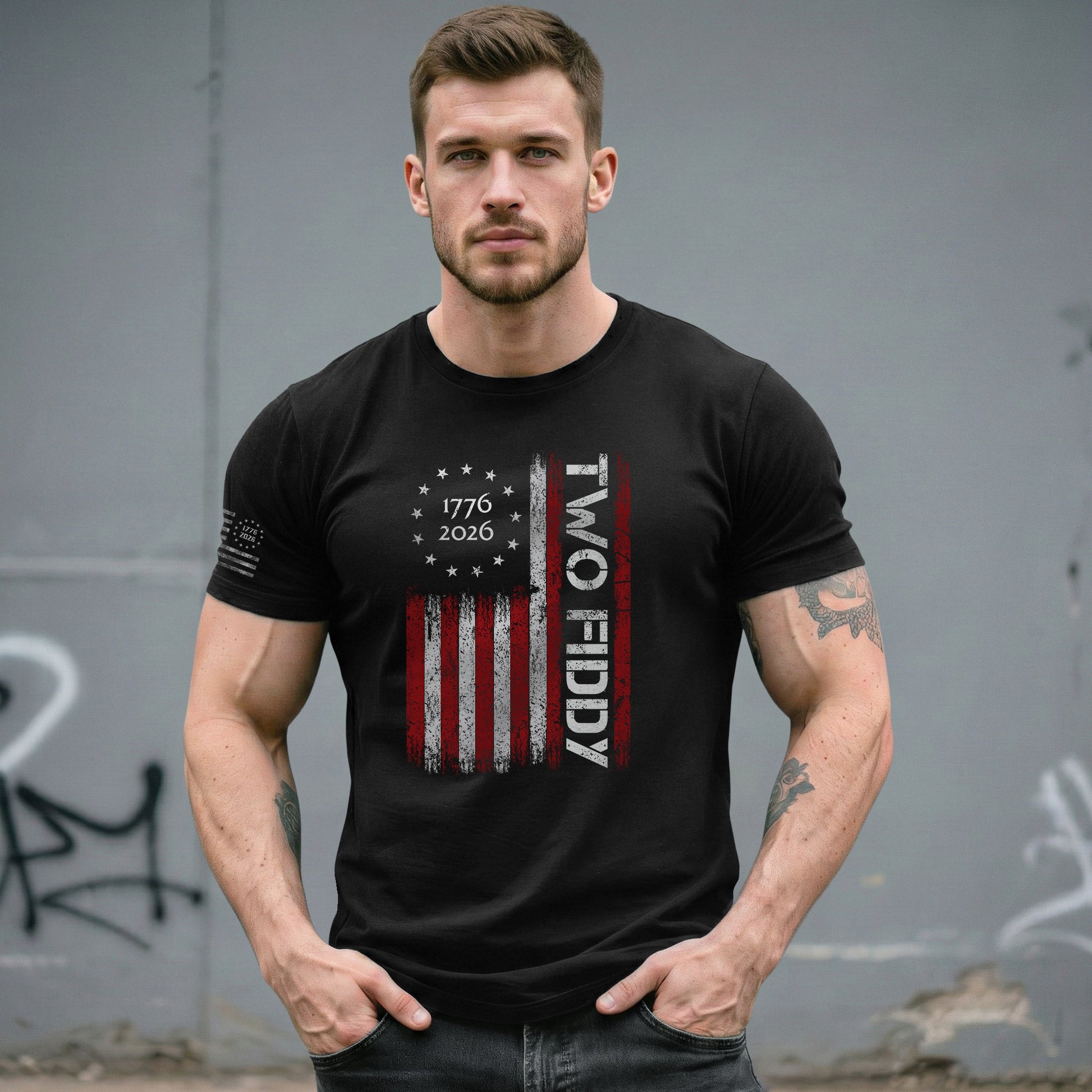Vintage American Two Fiddy 1776-2026 Flag Graphic Apparel - Patriotic Anniversary Top - Rust Field Wear