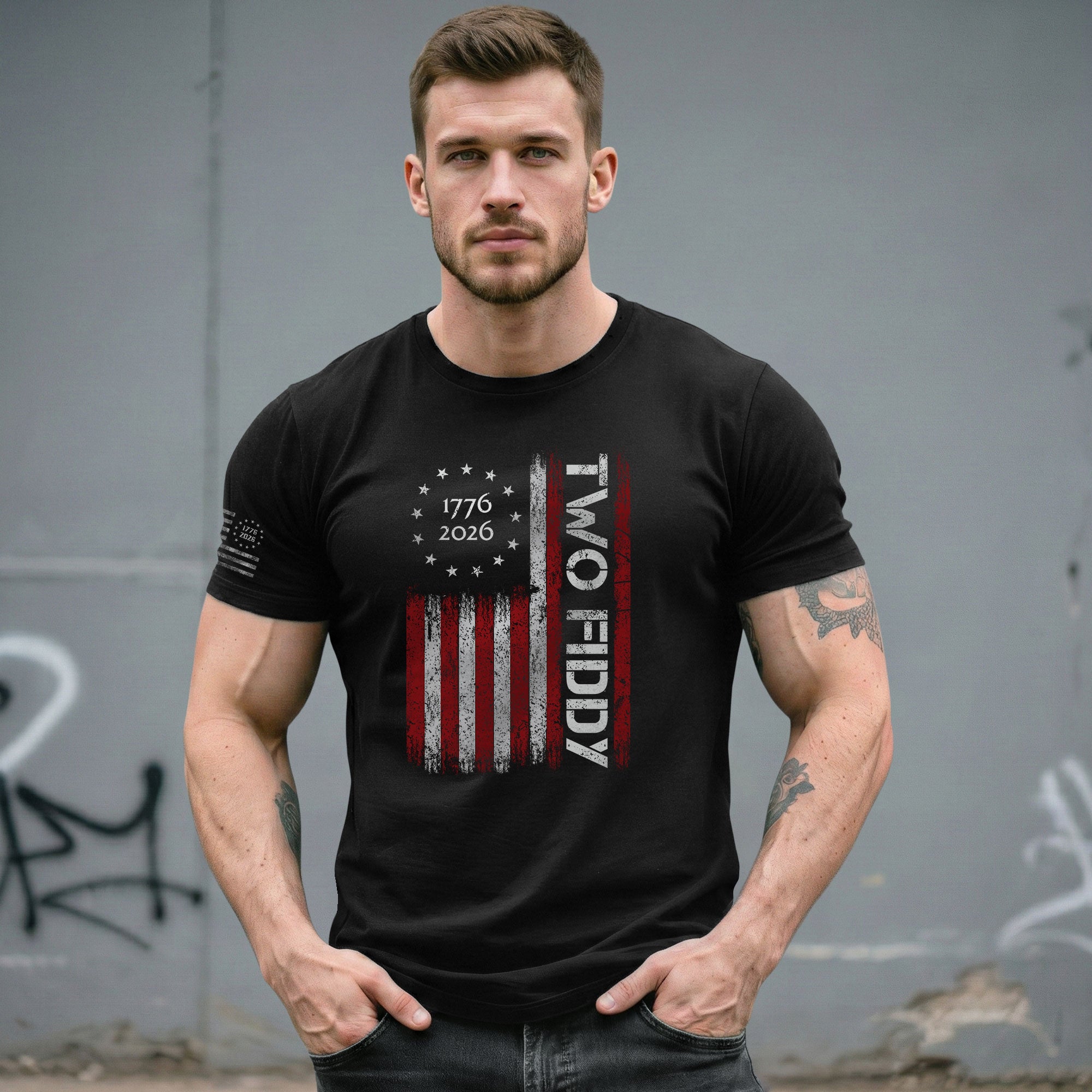 Vintage American Two Fiddy 1776-2026 Flag Graphic Apparel - Patriotic Anniversary Top - Rust Field Wear