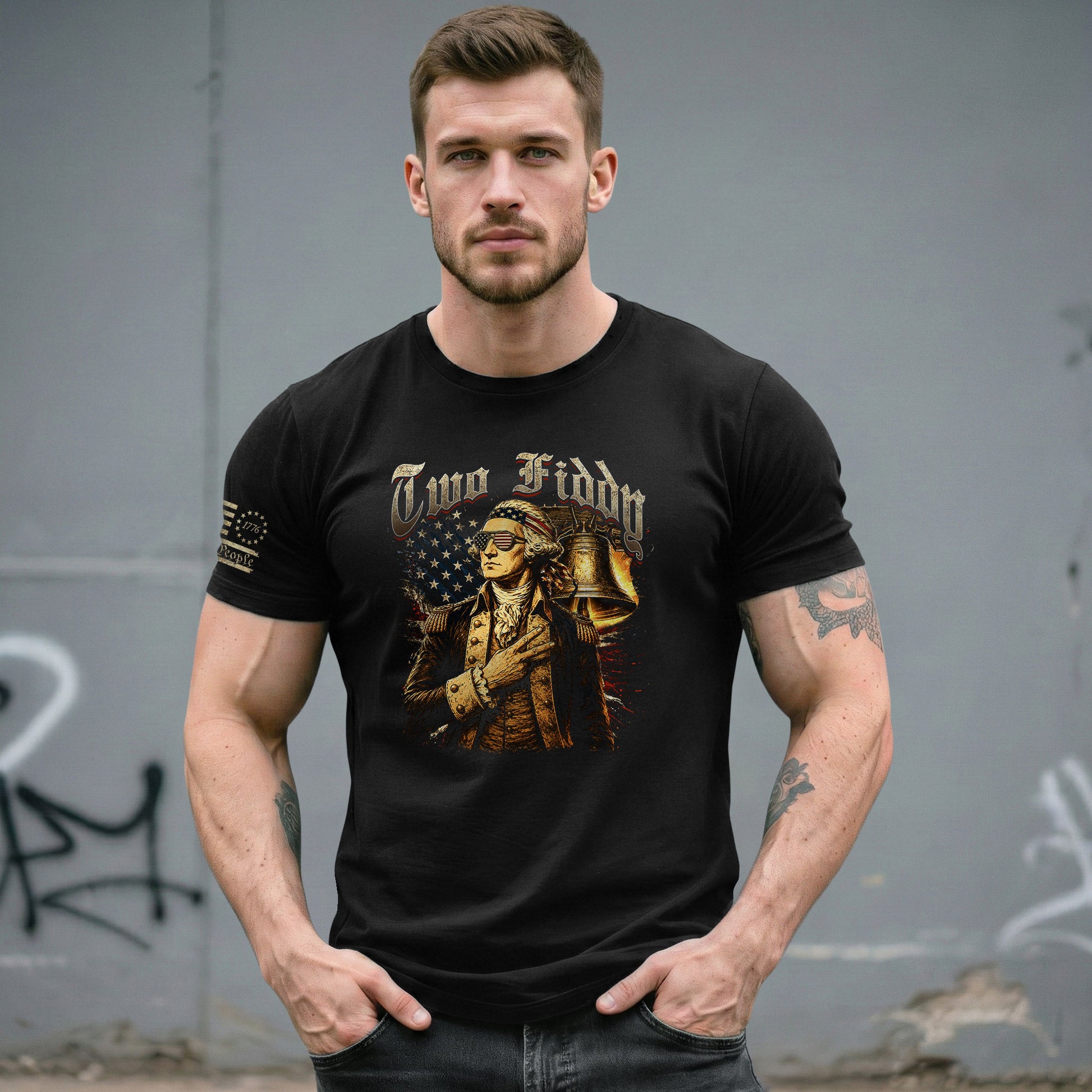 Two Fiddy George Washington Patriotic Graphic Tee Liberty Bell Heritage Style Shirt - Rust Field Wear