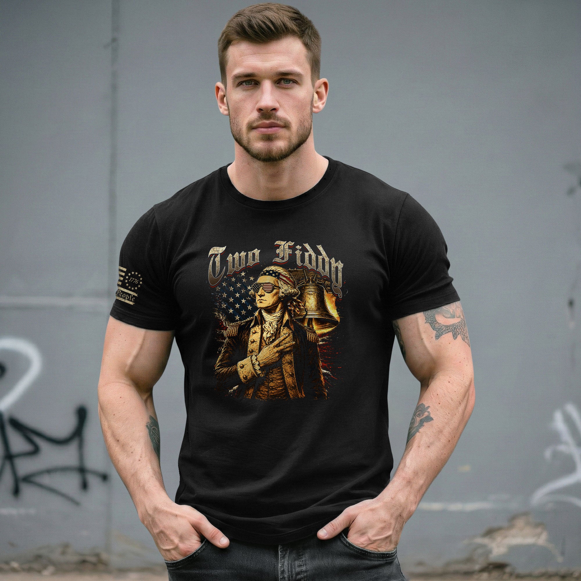 Two Fiddy George Washington Patriotic Graphic Tee Liberty Bell Heritage Style Shirt - Rust Field Wear