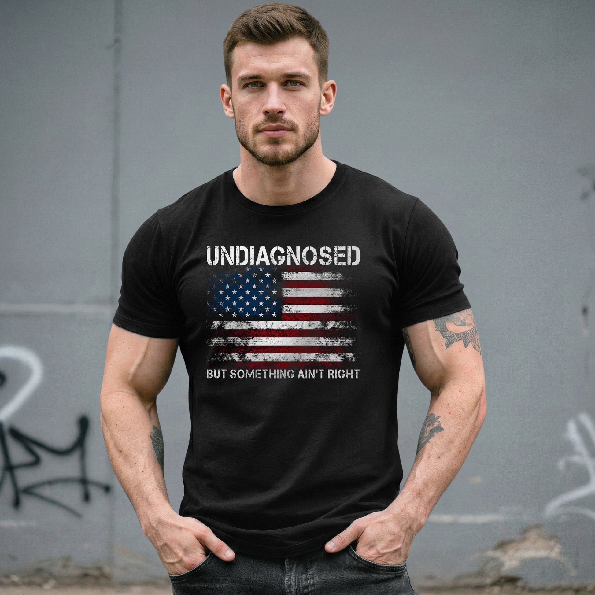 Undiagnosed But Something Ain't Right Graphic Tee Distressed USA Flag Patriotic Shirt - Rust Field Wear