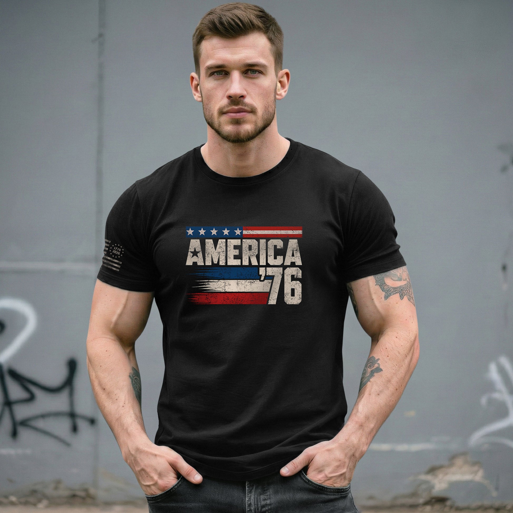 America '76 Graphic Tee Vintage Flag Design Patriotic Style Casual Mens Statement Shirt - Rust Field Wear