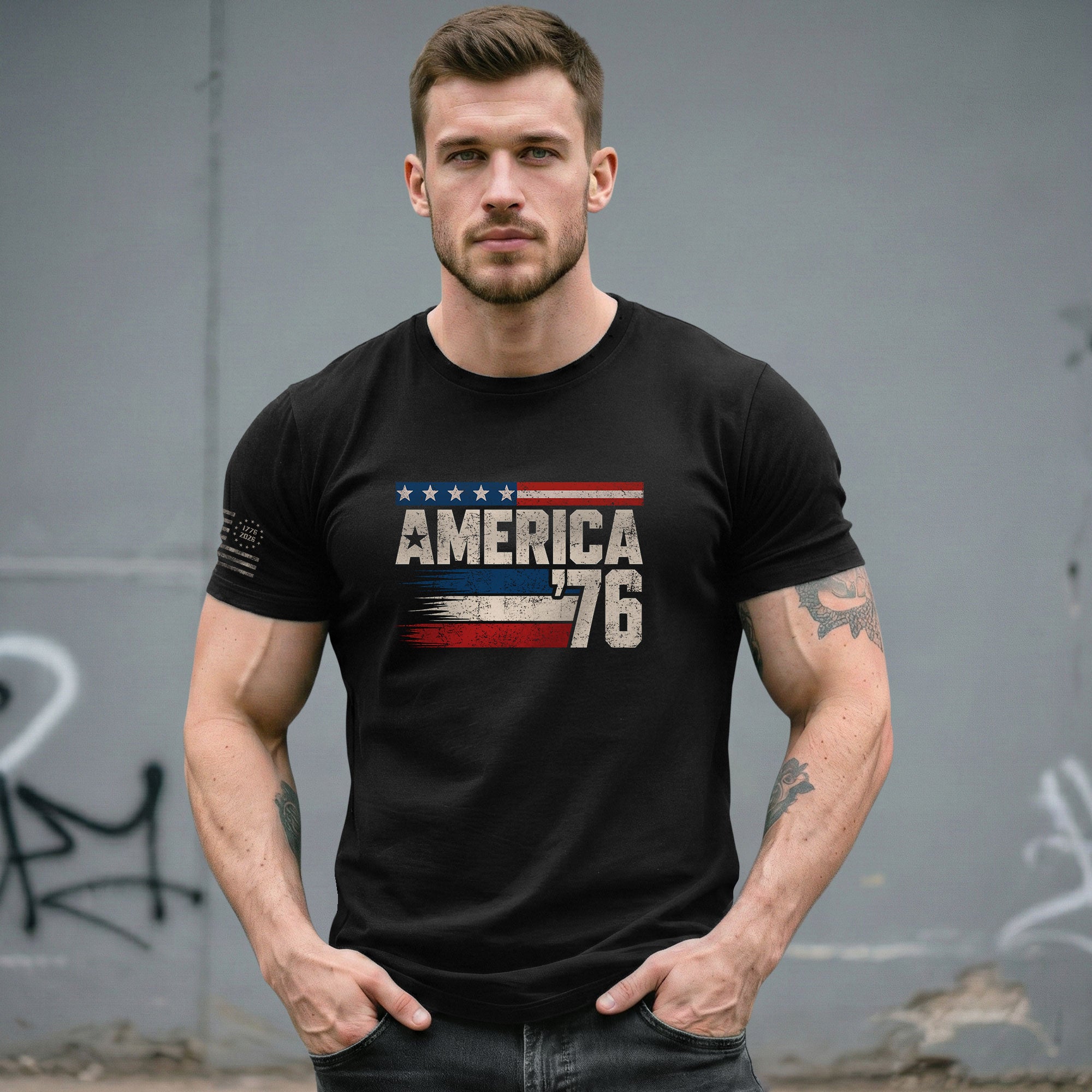 America '76 Graphic Tee Vintage Flag Design Patriotic Style Casual Mens Statement Shirt - Rust Field Wear