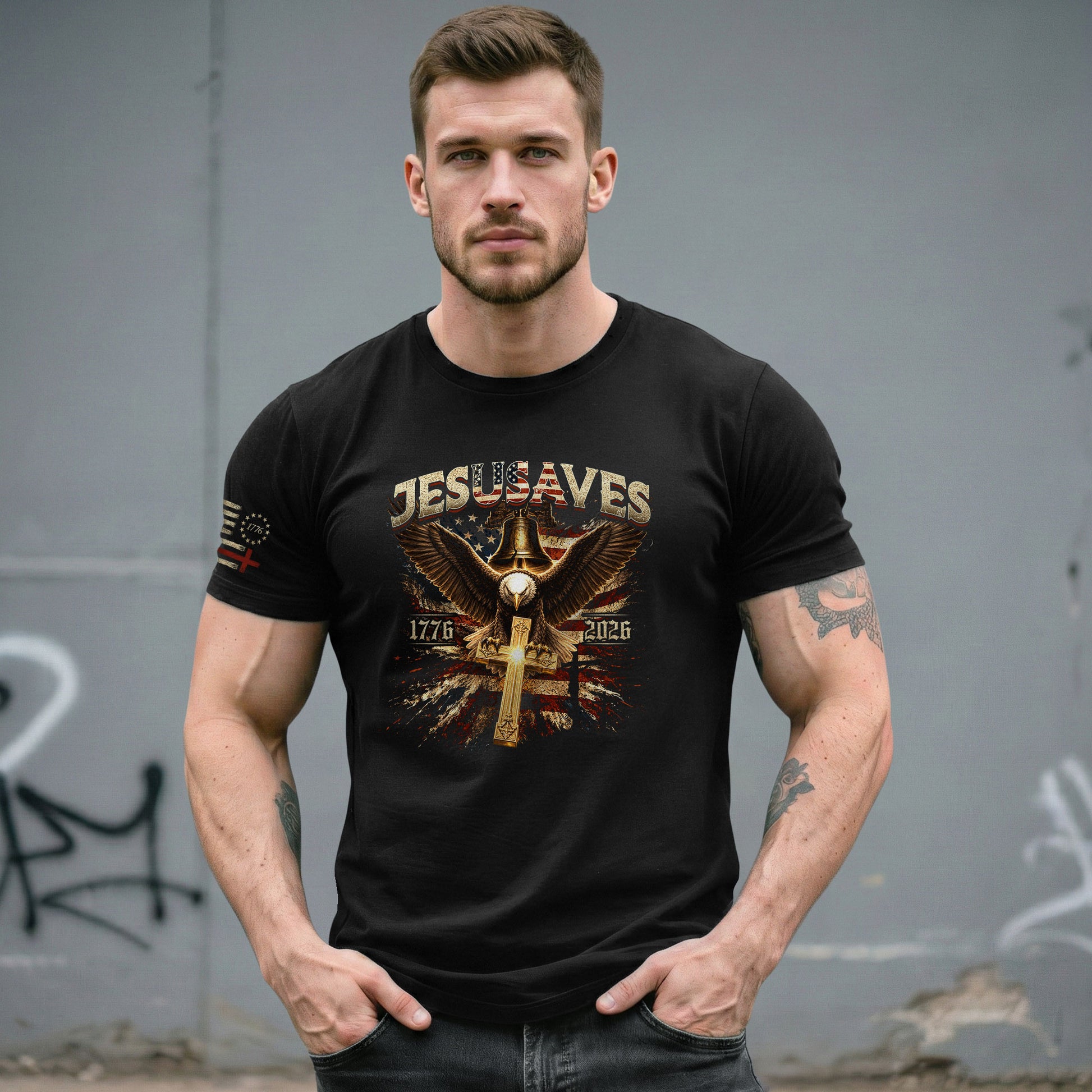 JESUSAVES T-Shirt Patriotic 1776 2026 Liberty Bell Bald Eagle Christian Cross Tee - Rust Field Wear