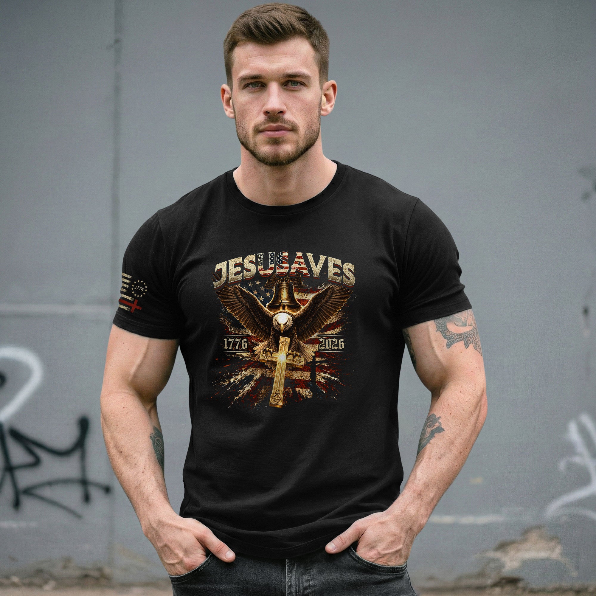JESUSAVES T-Shirt Patriotic 1776 2026 Liberty Bell Bald Eagle Christian Cross Tee - Rust Field Wear