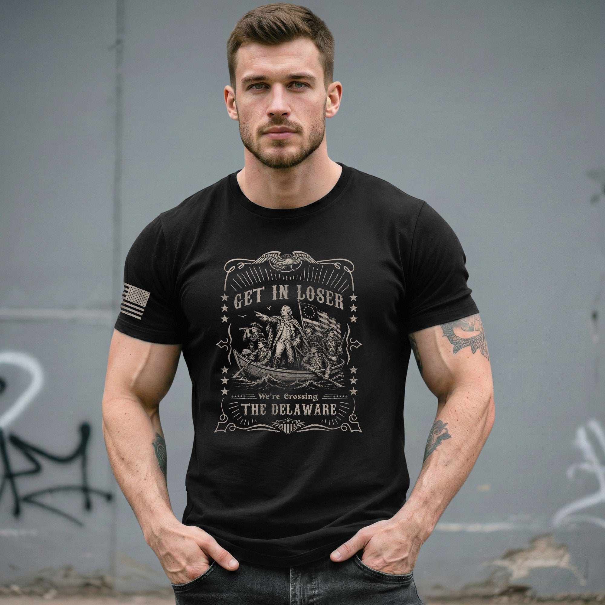 Get In Loser We're Crossing The Delaware T-Shirt George Washington Ornate Filigree Tee - Rust Field Wear
