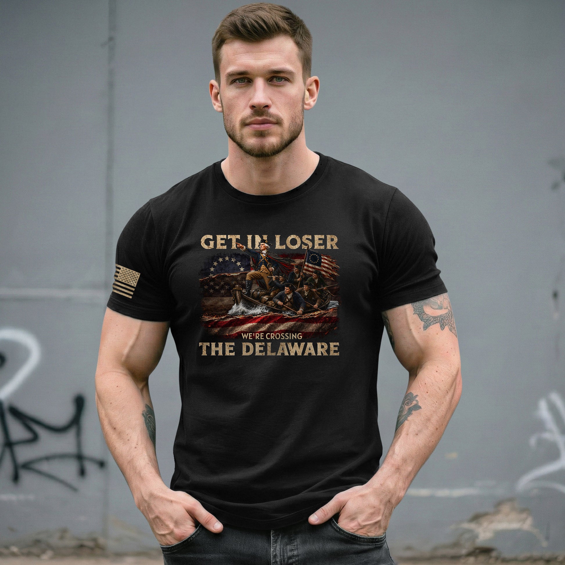 Get In Loser We're Crossing The Delaware T-Shirt George Washington Betsy Ross Flag Tee - Rust Field Wear