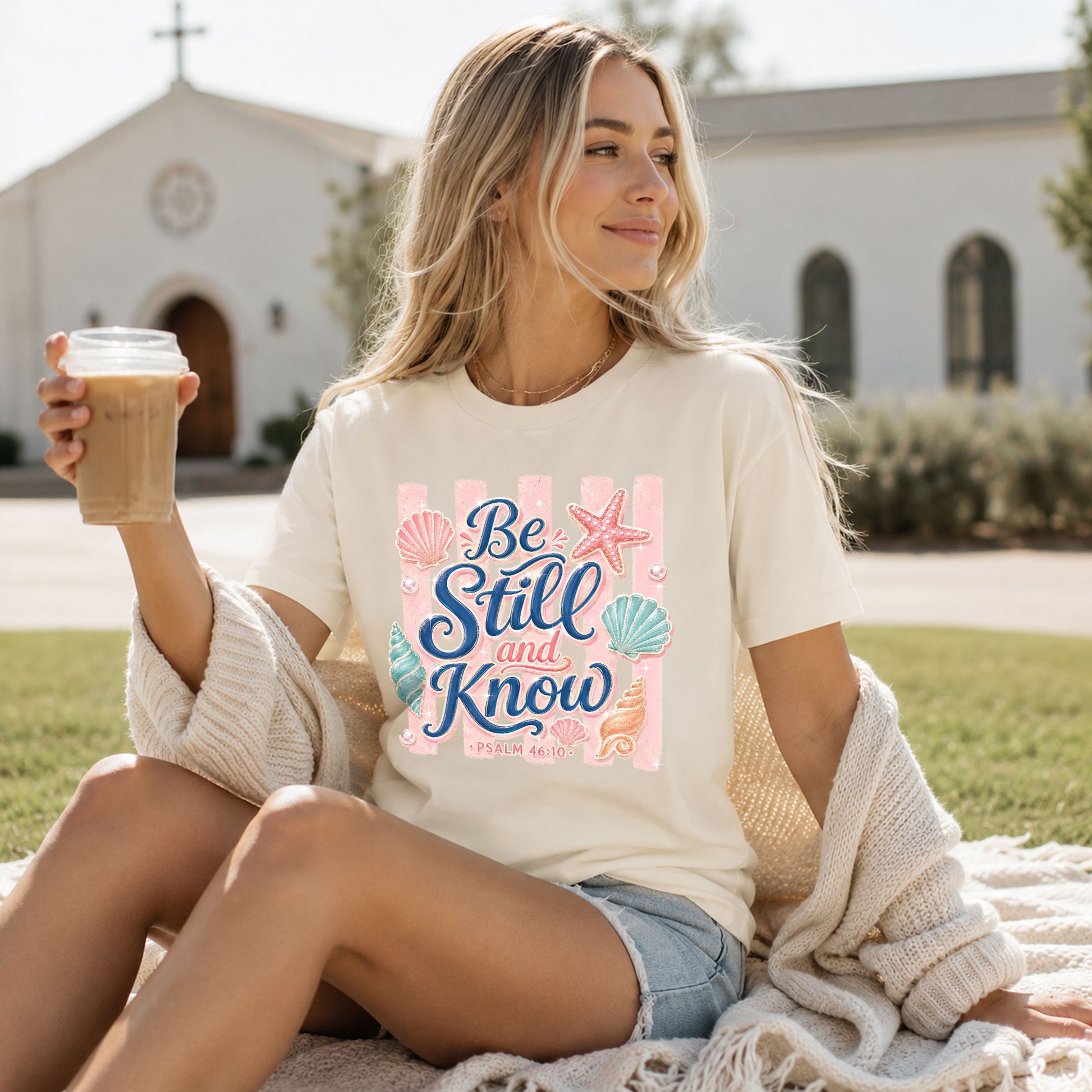 Be Still And Know Shirt Pink Stripes Beach Christian Psalm 46 10 Faith Graphic Tee - Rust Field Wear