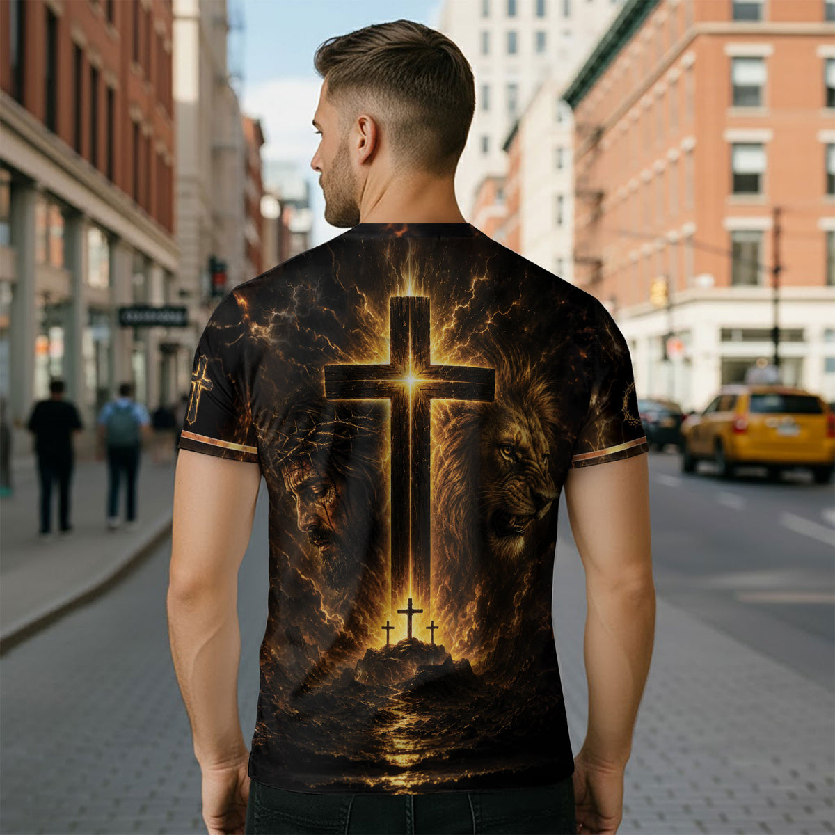 Faith Over Fear Lion Cross Warrior 3D Graphic Christian T Shirt Apparel Men Clothing - Rust Field Wear