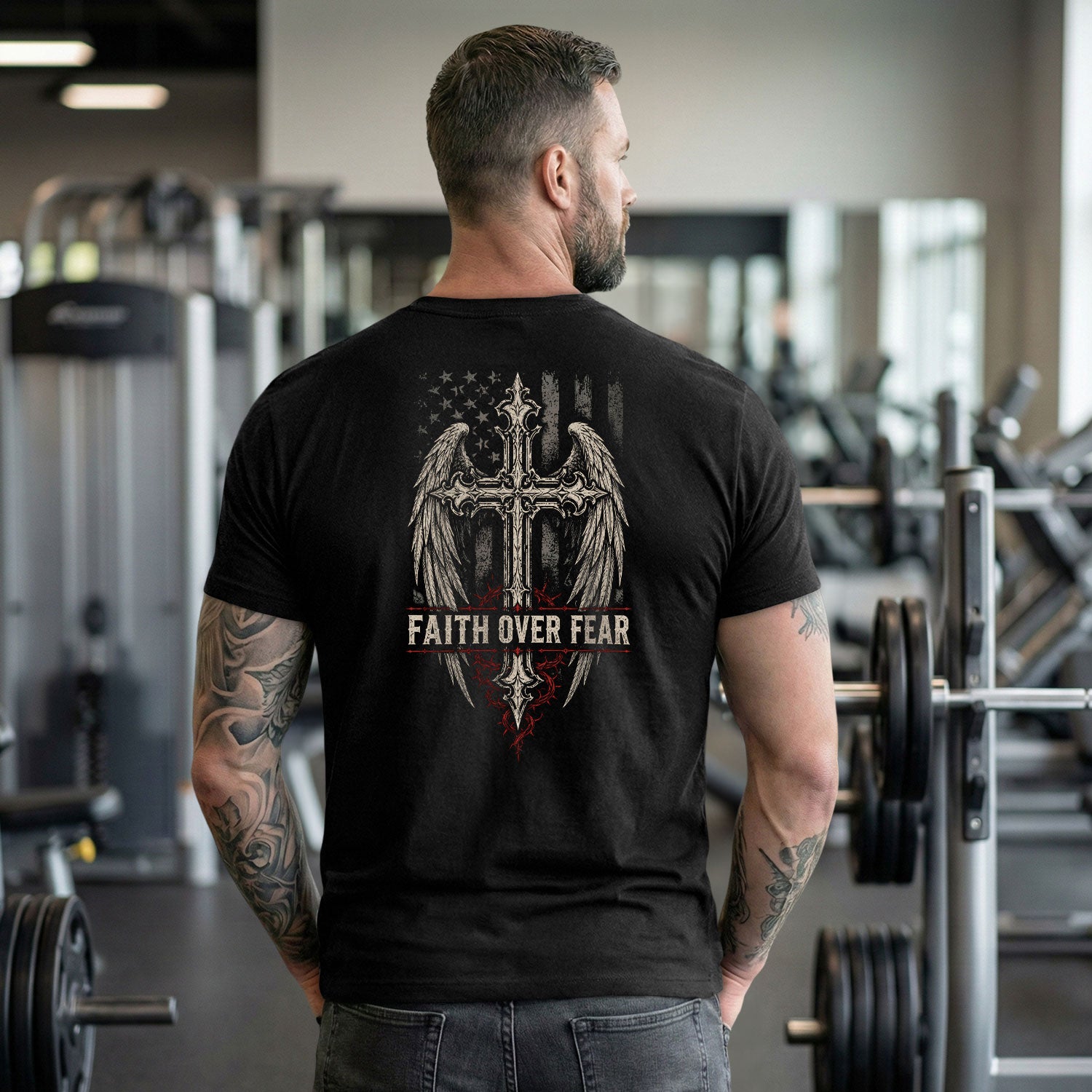 Faith Over Fear Shirt Men Wings Cross Christian T-Shirt Thorns Crown Religious Faith Tee