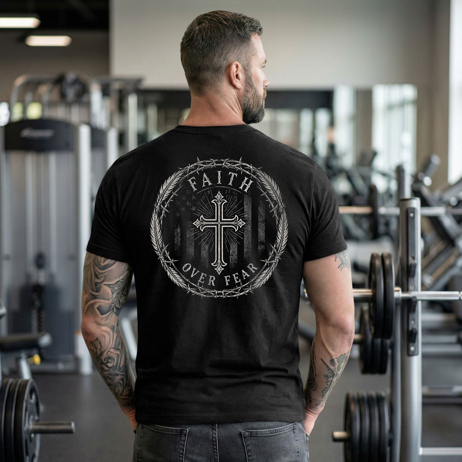 Faith Over Fear Shirt Men Christian T-Shirt Crown Thorns Cross Flag Graphic Religious Tee