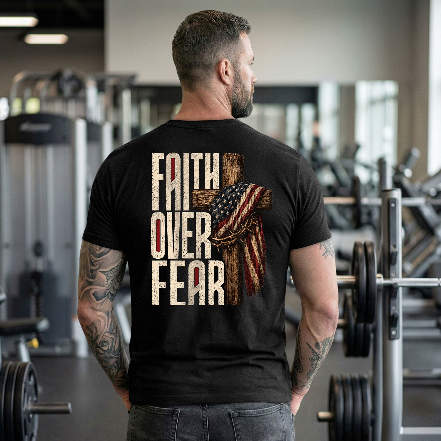 Faith Over Fear Christian Shirt Patriotic Cross American Flag Religious Graphic Tee - Rust Field Wear