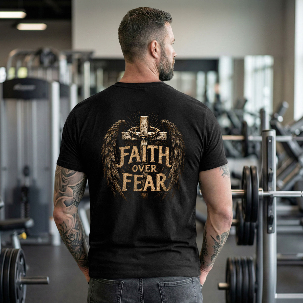 Faith Over Fear Cross Wings Crown Christian Graphic T-Shirt Unisex Casual Apparel - Rust Field Wear