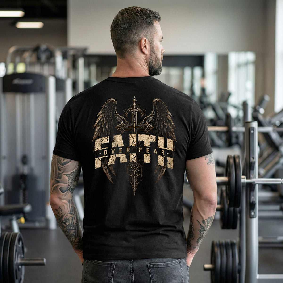 Faith Over Fear T Shirt Christian Angel Wings Cross Religious Apparel Tee Top Unisex - Rust Field Wear