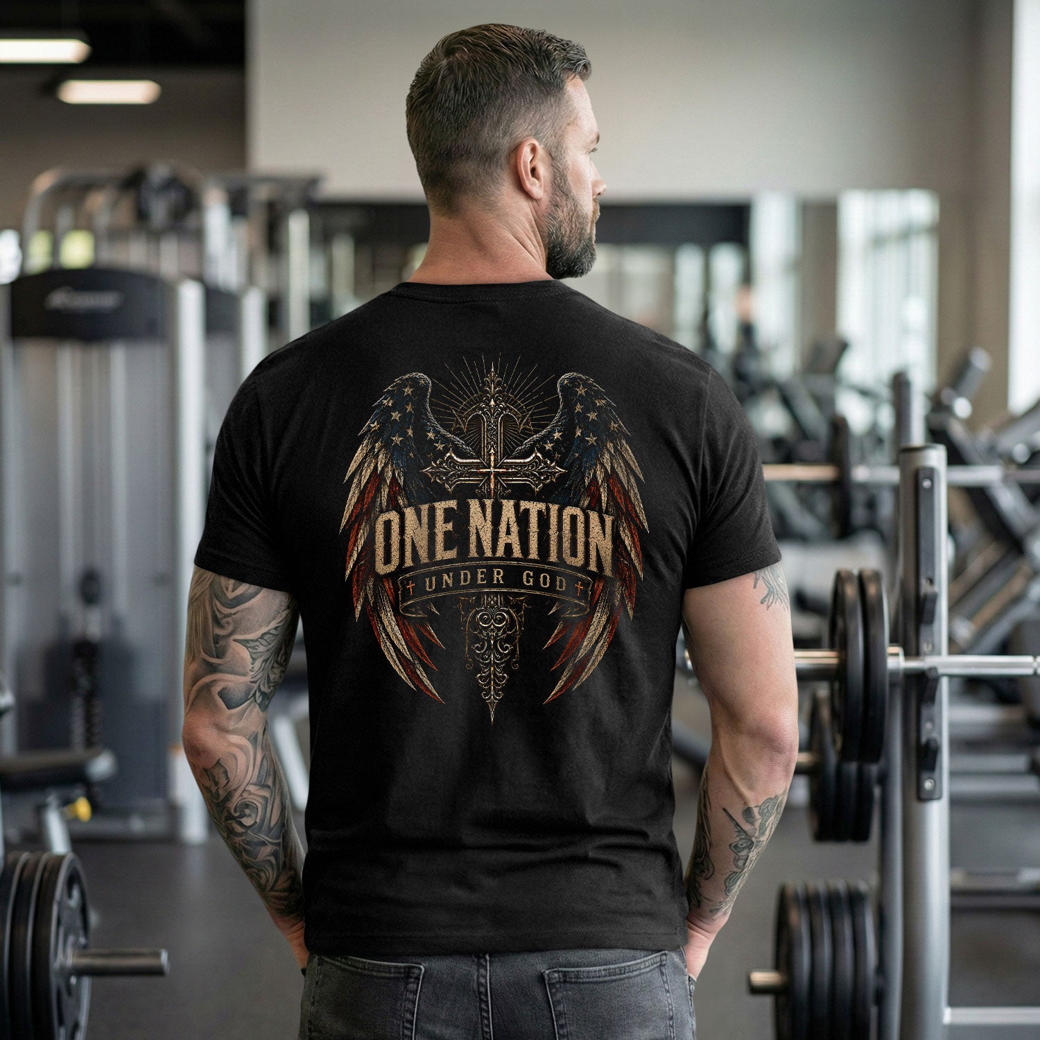 One Nation Under God T Shirt American Flag Wings Cross Religious Apparel Tee Top upsale