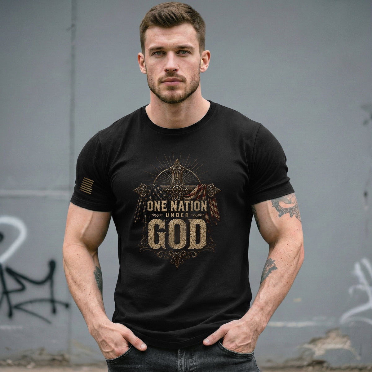 One Nation Under God T Shirt American Flag Cross Christian Patriotic Religious Apparel Tee - Rust Field Wear