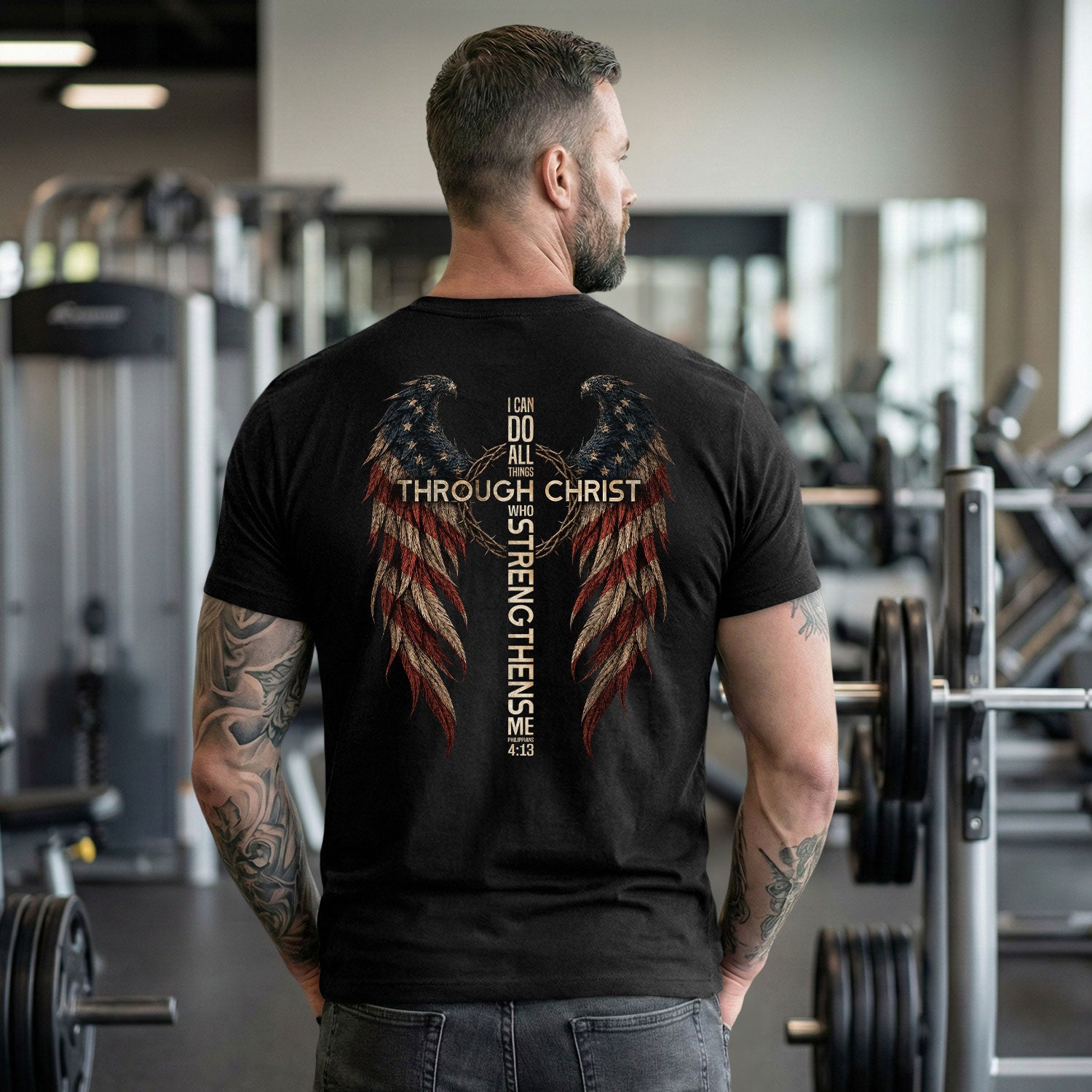 Through Christ Who Strengthens Me Shirt Cross Flag Wings Philippians 4 13 Graphic Tee