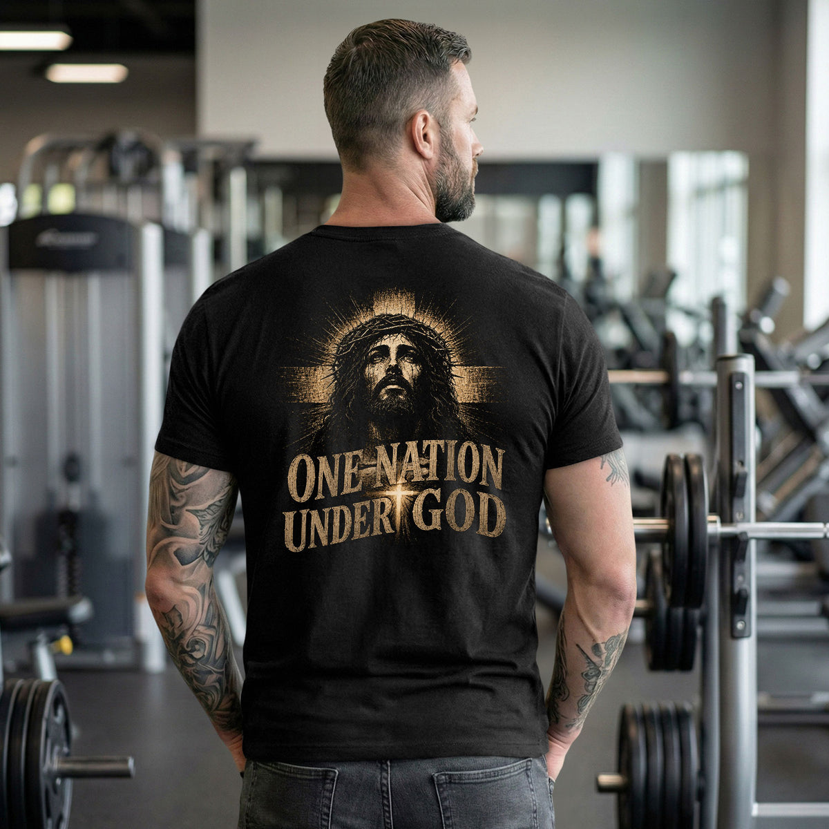 One Nation Under God Shirt Patriotic Christian Men Shirt Jesus Portrait Cross Graphic Tee - Rust Field Wear