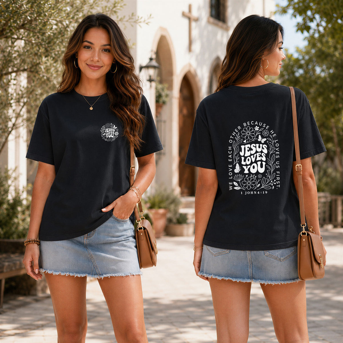Jesus Loves You Retro Butterfly Floral 1 John 4 19 Christian T Shirt Apparel Women - Rust Field Wear