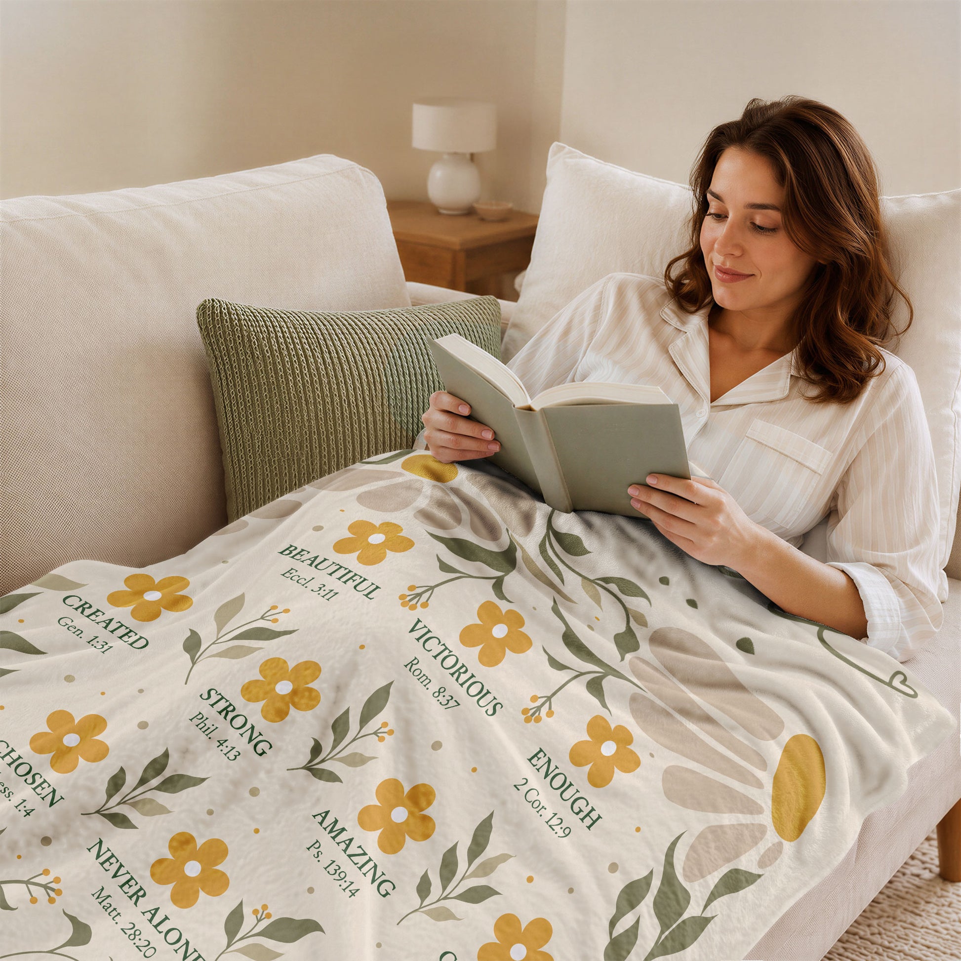 Christian Blanket for Women, Bible Verse Throw Blanket - Inspirational Floral Faith Design - Rust Field Wear