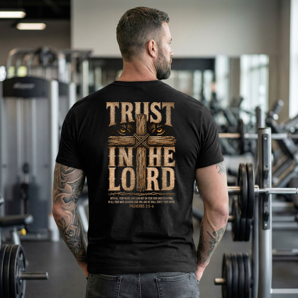 Trust In The Lord T Shirt Christian Lion Cross Proverbs 3 5 6 Religious Faith Tee - Rust Field Wear