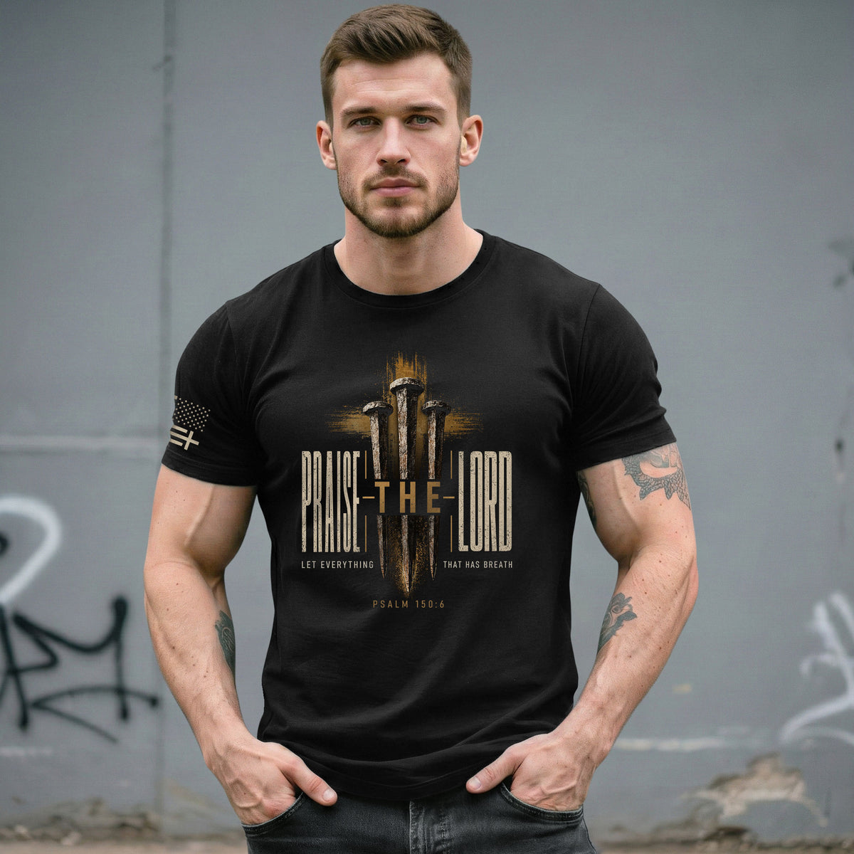 Praise The Lord Psalm 150 6 Nails Cross Graphic Christian T Shirt Apparel Men Clothing - Rust Field Wear