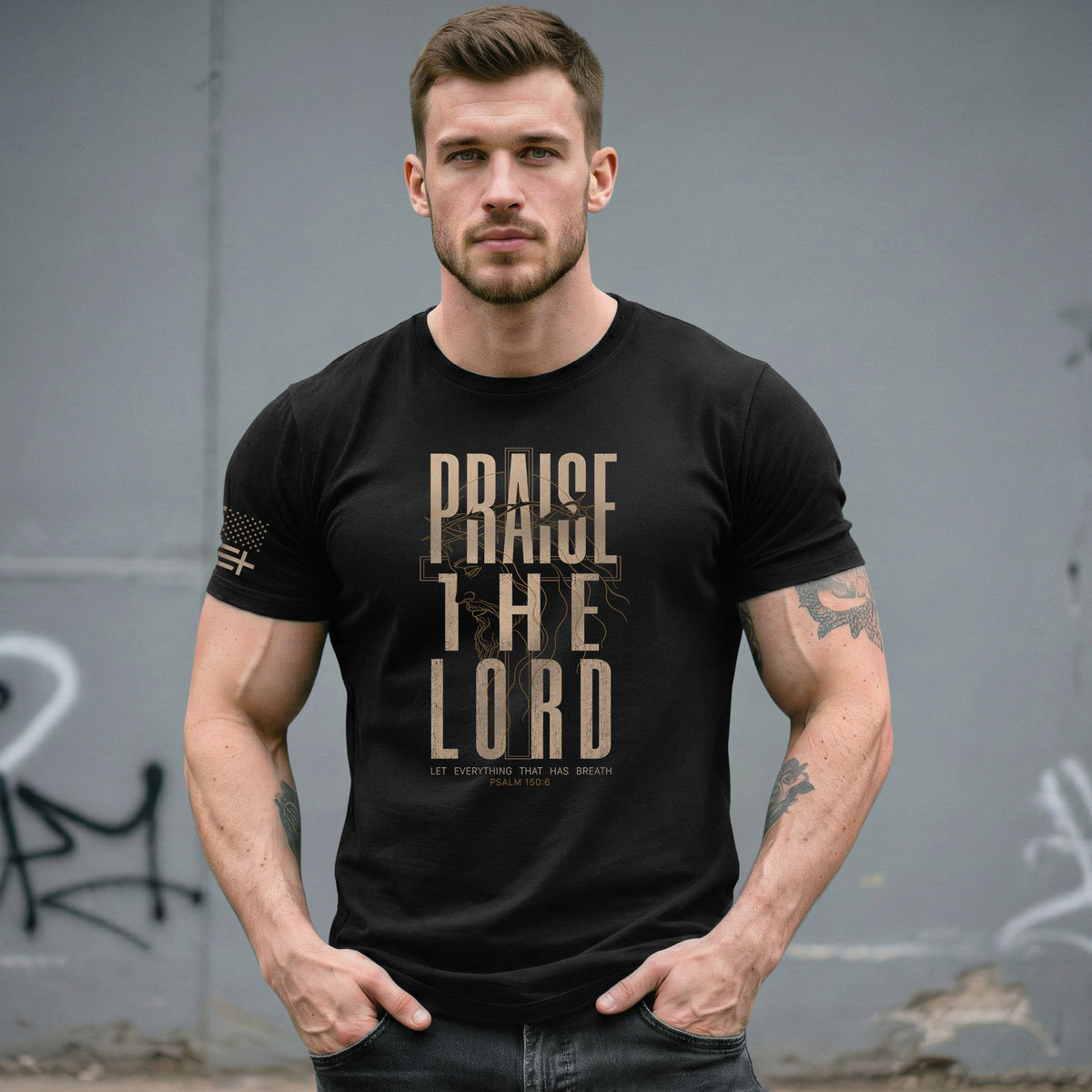 Praise The Lord Psalm 150 6 Jesus Portrait Graphic Christian T Shirt Apparel Men - Rust Field Wear