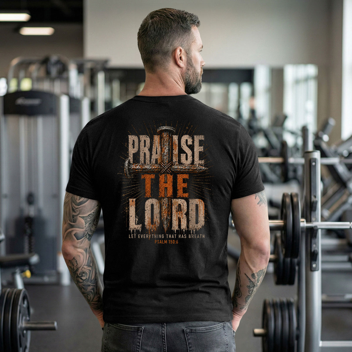Praise The Lord Shirt Rustic Cross Christian Faith Quote Psalm 150 6 Men Graphic Tee - Rust Field Wear