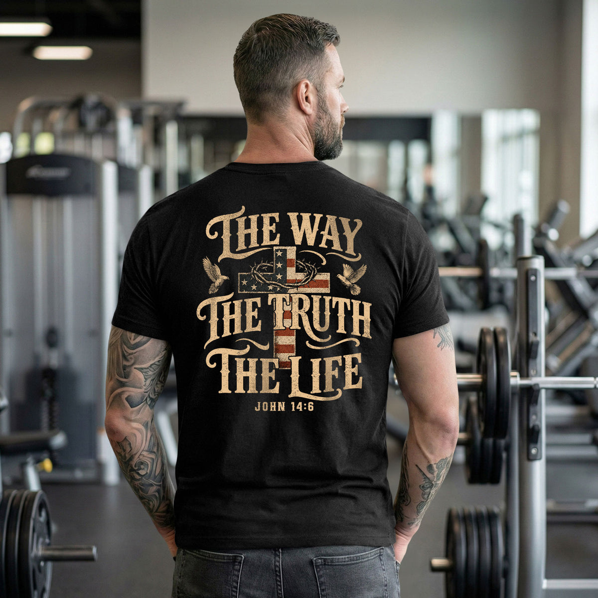 The Way The Truth The Life John American Flag Cross Crown Of Thorns Graphic T Shirt Men - Rust Field Wear