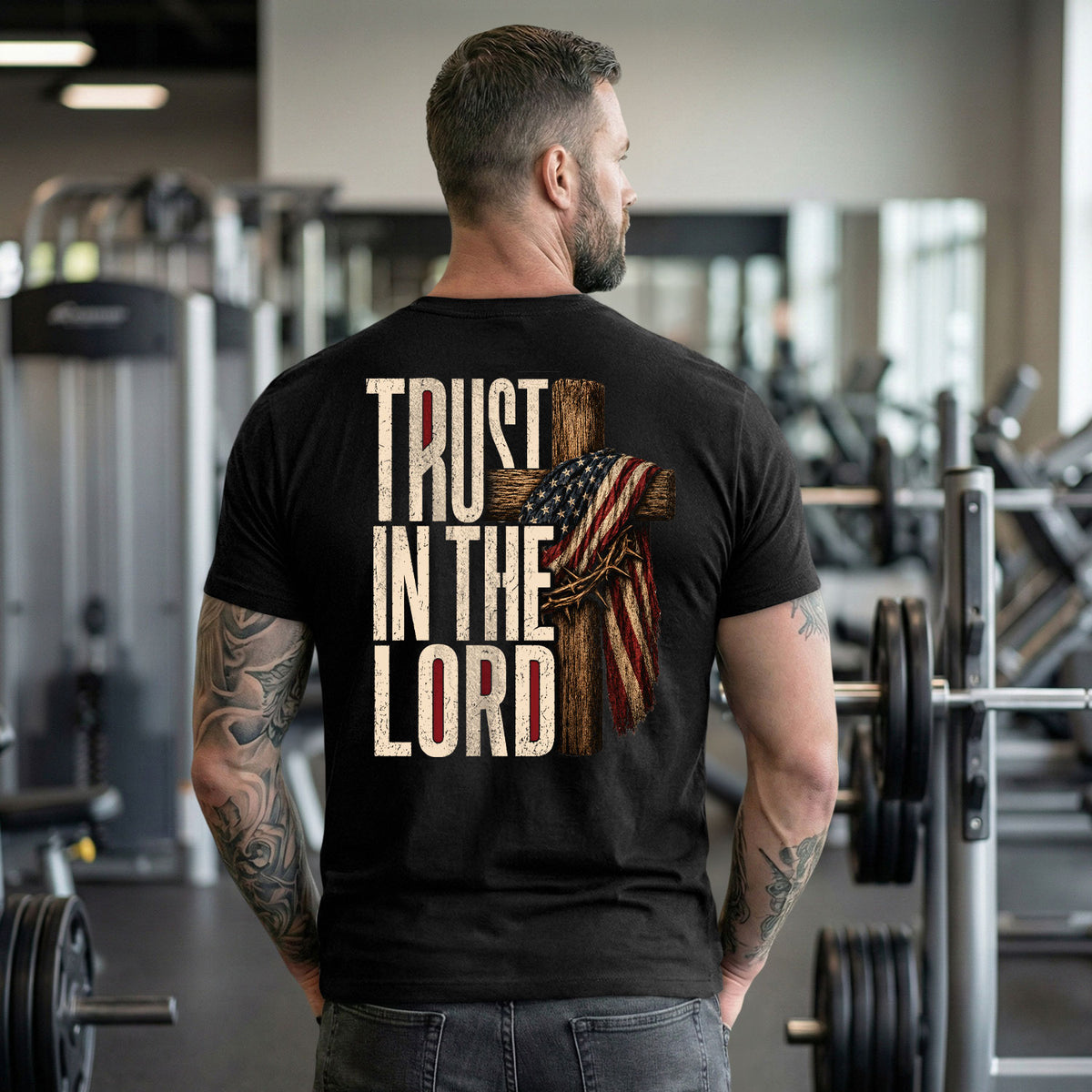 Trust In The Lord American Flag Cross Crown Of Thorns Christian Graphic T Shirt Men - Rust Field Wear