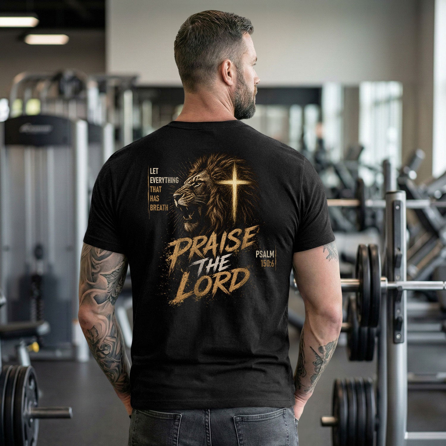 Praise The Lord Lion Cross Psalm Scripture Christian Graphic Casual Crewneck Tee Shirt Men - Rust Field Wear
