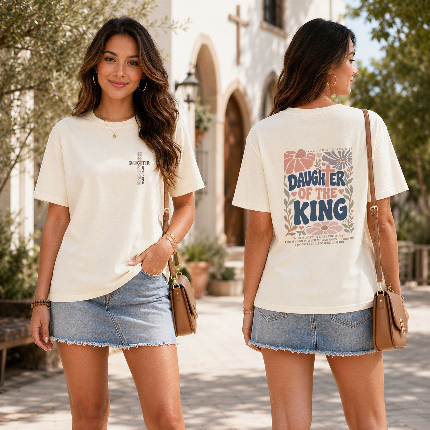 Daughter Of The King Retro Floral Cross Christian Graphic Everyday Tee Shirt Women - Rust Field Wear