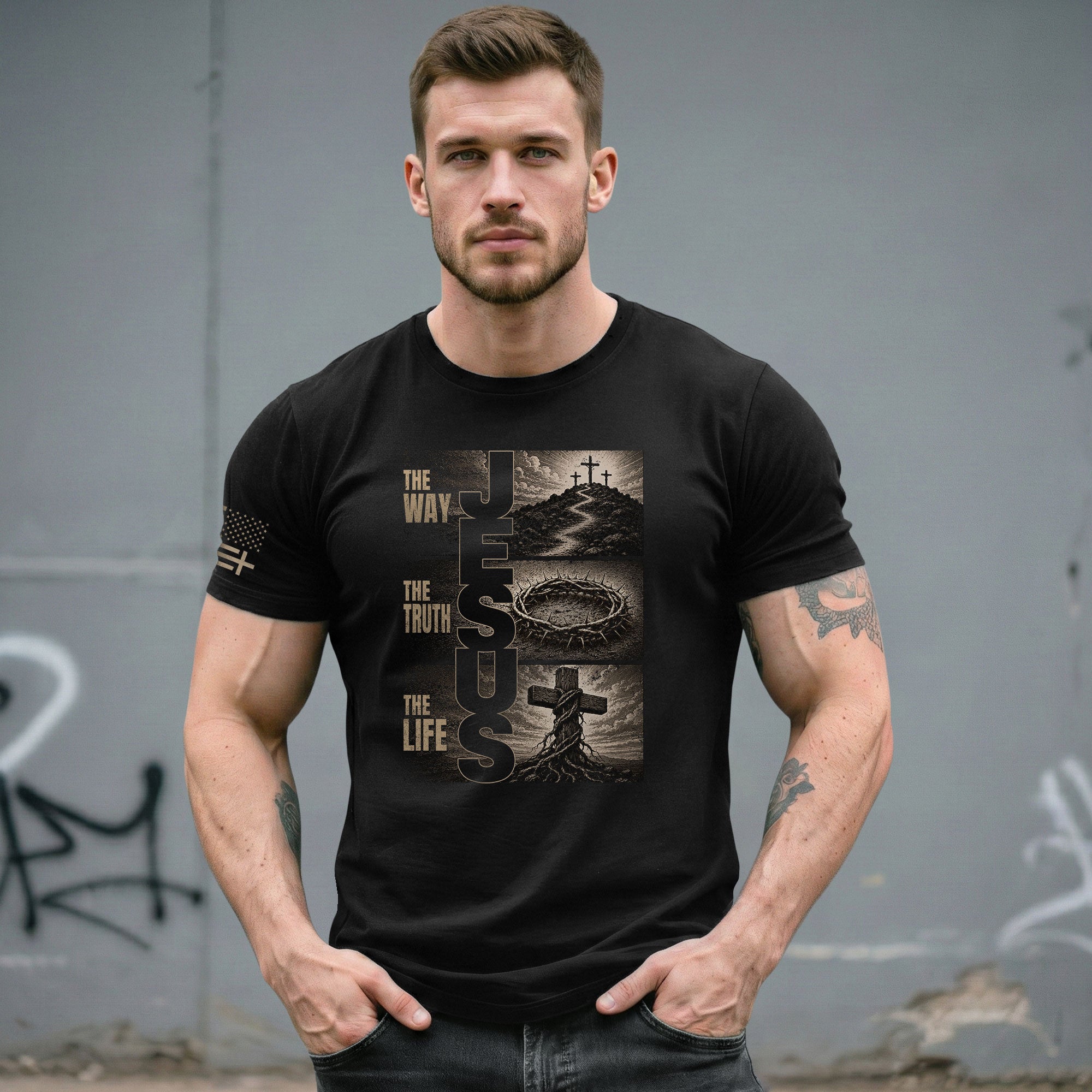 Jesus The Way The Truth The Life Shirt Men Christian T-Shirt Cross Crown Thorns Graphic Tee
